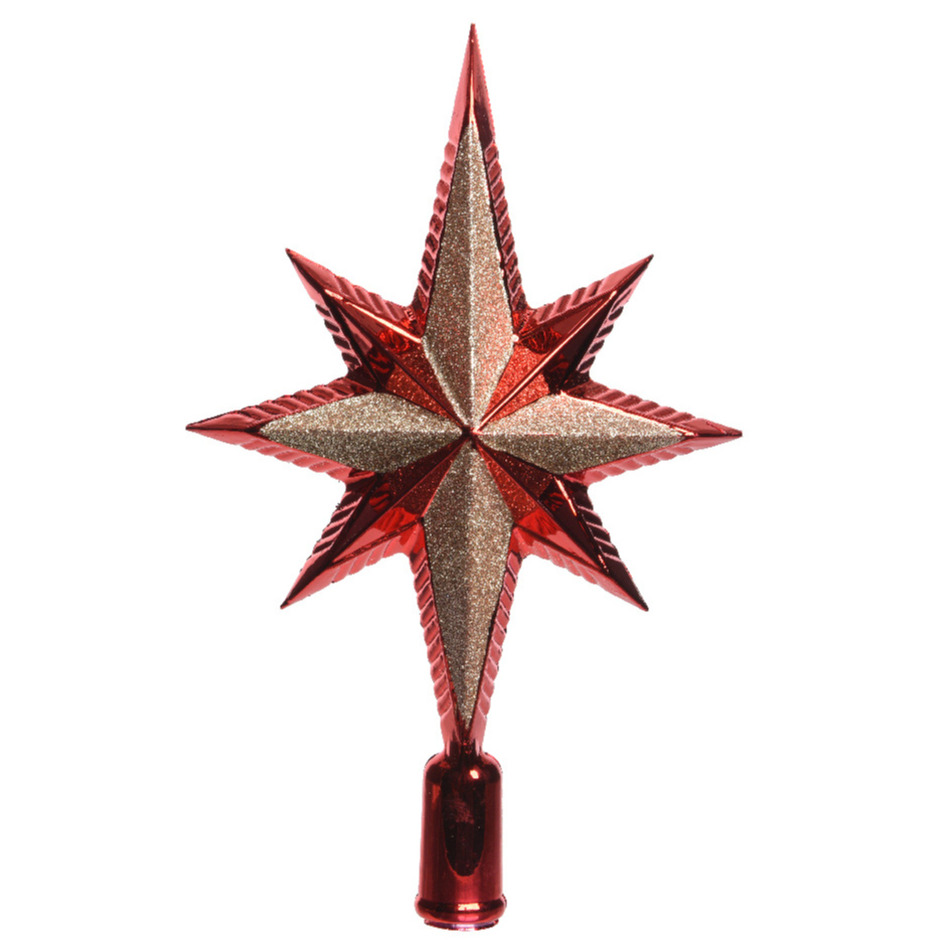 Kunststof glitter ster piek-kerstboom topper rood 25,5 cm