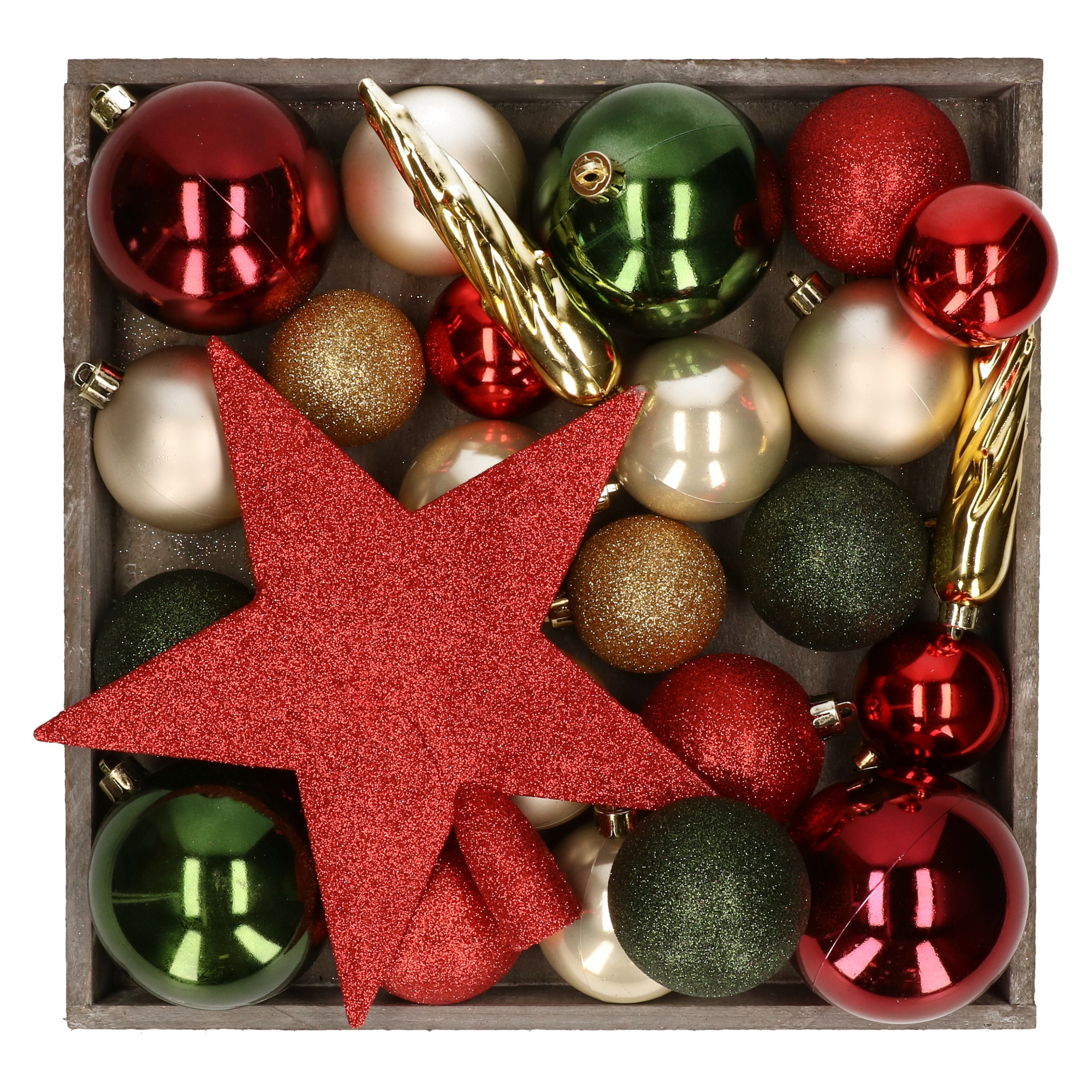 Kunststof kerstballen 45x stuks met ster piek groen,creme,rood