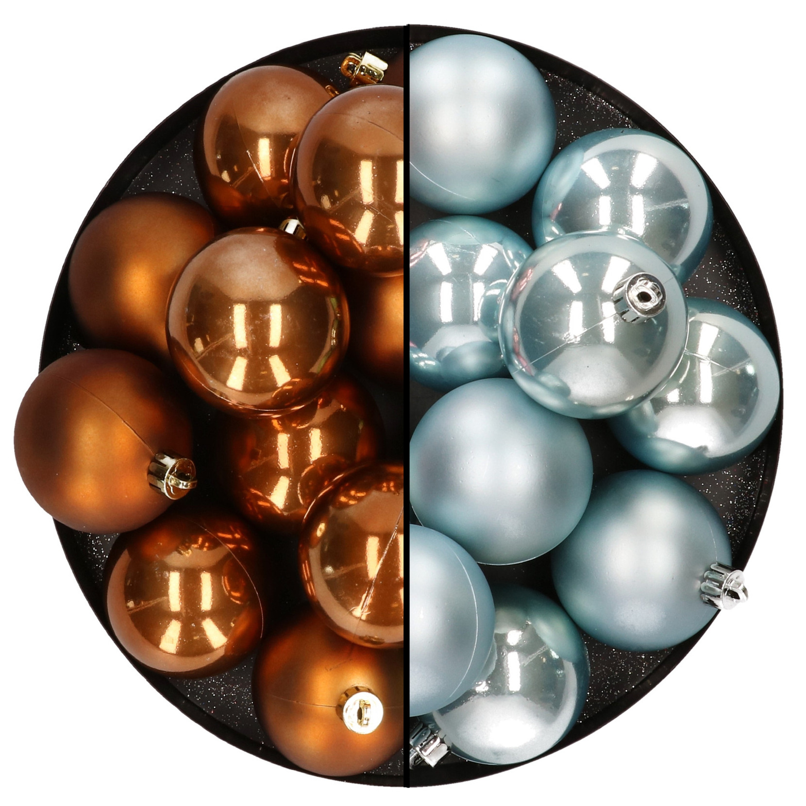 Kunststof kerstballen 6 cm 24x stuks bruin en lichtblauw