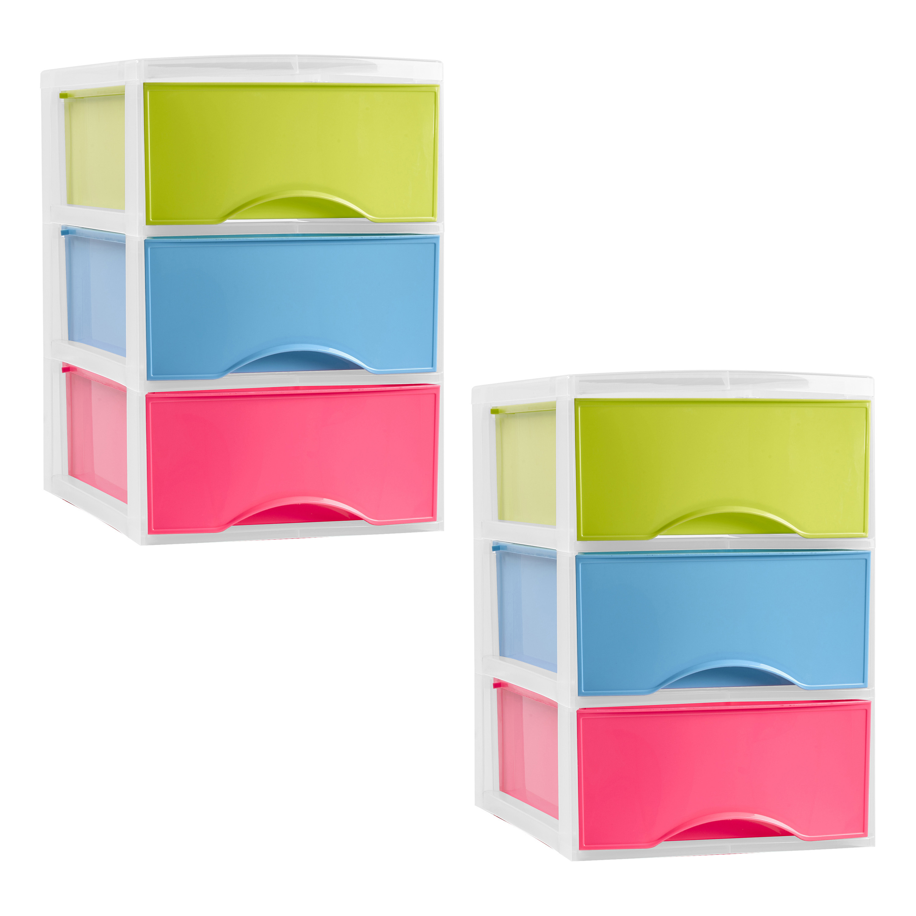Ladeblokje-bureau organizer 2x stuks 3 lades multi kleuren L18 x B25 x H25 cm plastic