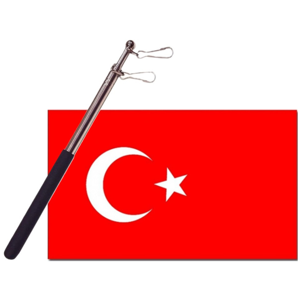 Landen vlag Turkije 90 x 150 cm met compacte draagbare telescoop vlaggenstok supporters