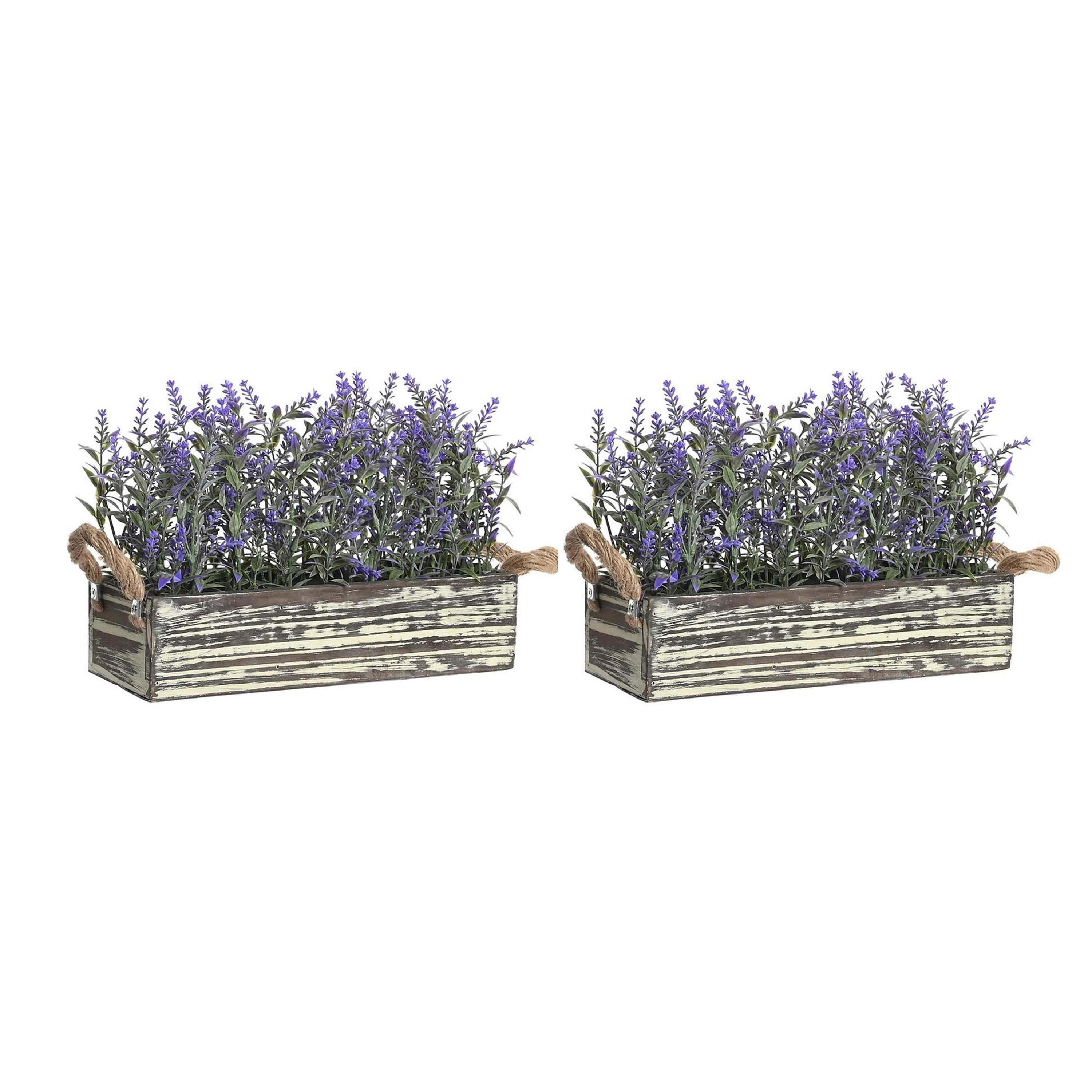 Lavendel bloemen kunstplant in houten bloempot - 2x - donkerpaarse bloemen - 30 x 12 x 21 cm -