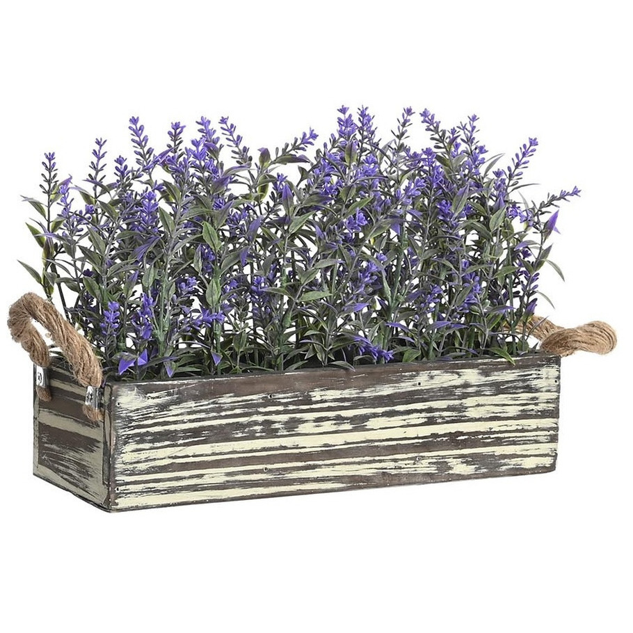 Lavendel bloemen kunstplant in houten bloempot - donkerpaarse bloemen - 30 x 12 x 21 cm -