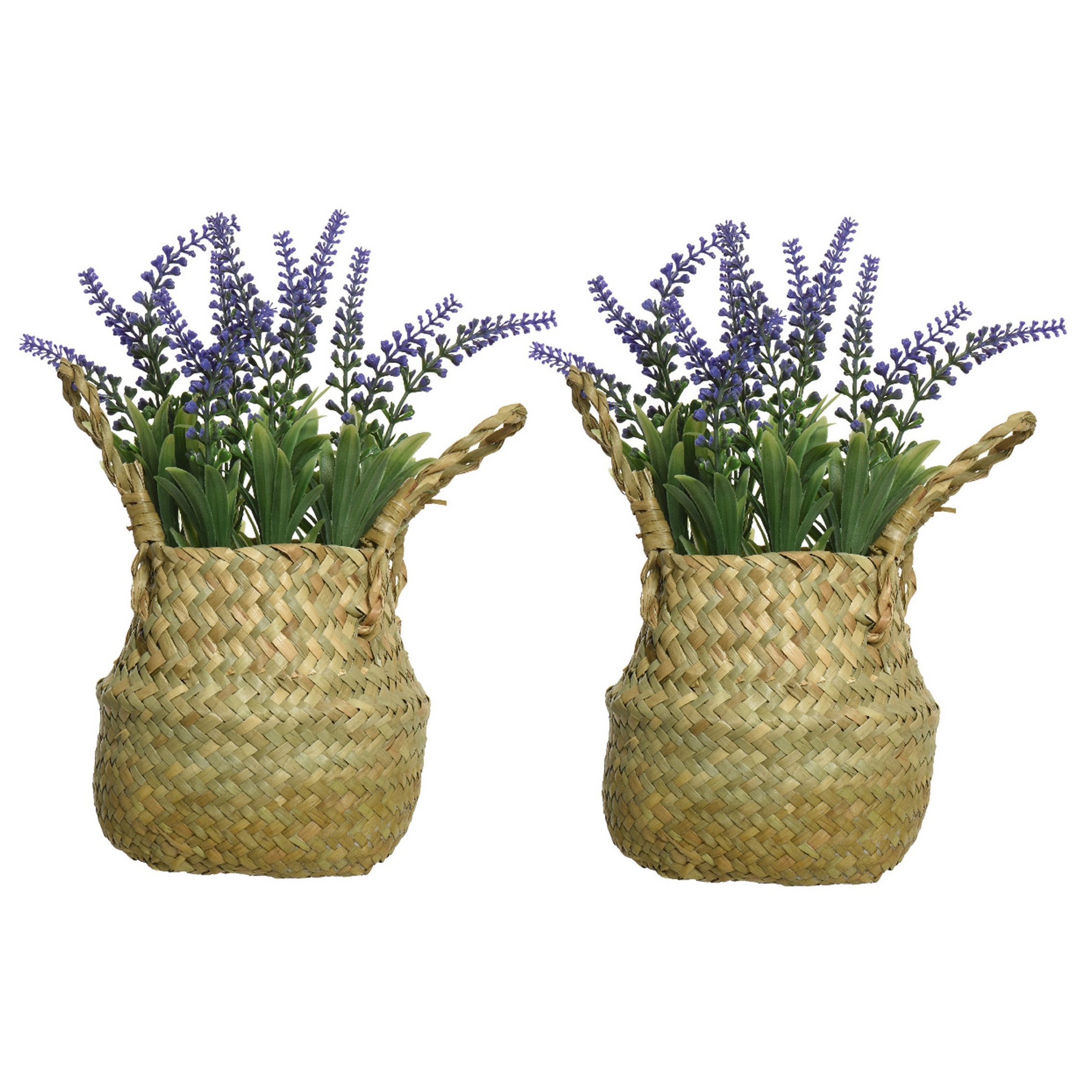 Lavendel kunstplant in rieten mand 2x lila paars D16 x H27 cm