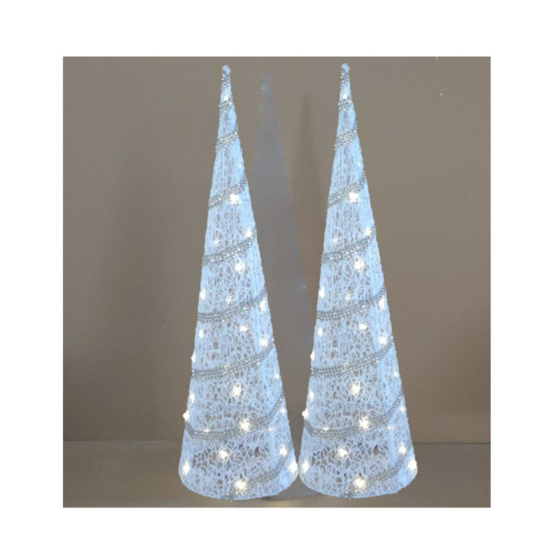 LED kegel-piramide kerstboom lamp 2x wit rotan-kunststof H59 cm