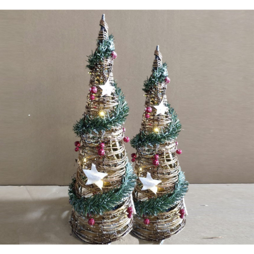 LED kegels-piramide kerstboom lampen set van 2x 40 en 60 cm -rotan -met licht
