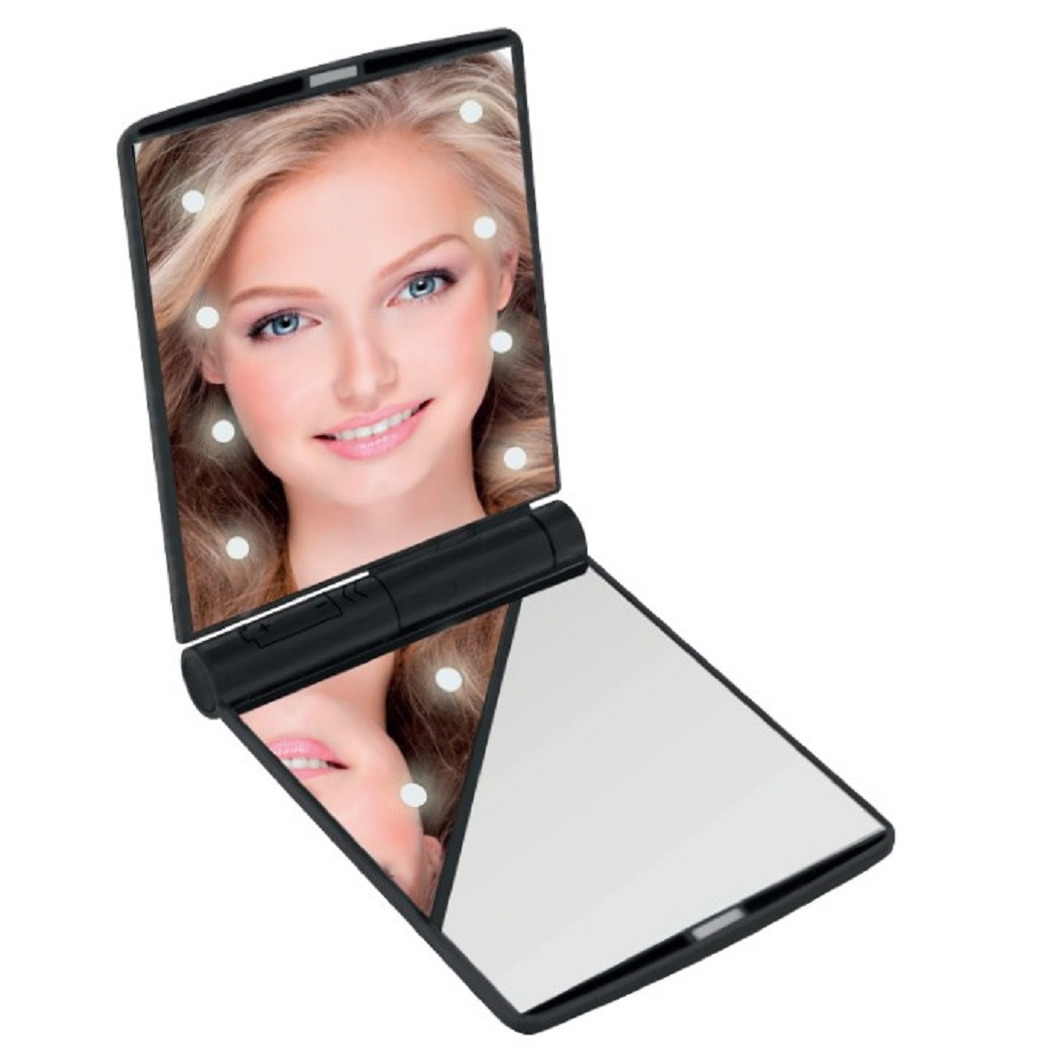 LED Make-up spiegel-handspiegel-zakspiegel zwart 11,5 x 8,5 cm dubbelzijdig