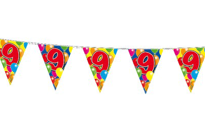 Verjaardag feestversiering 9 jaar PARTY letters en 16x ballonnen met 2x plastic vlaggetjes