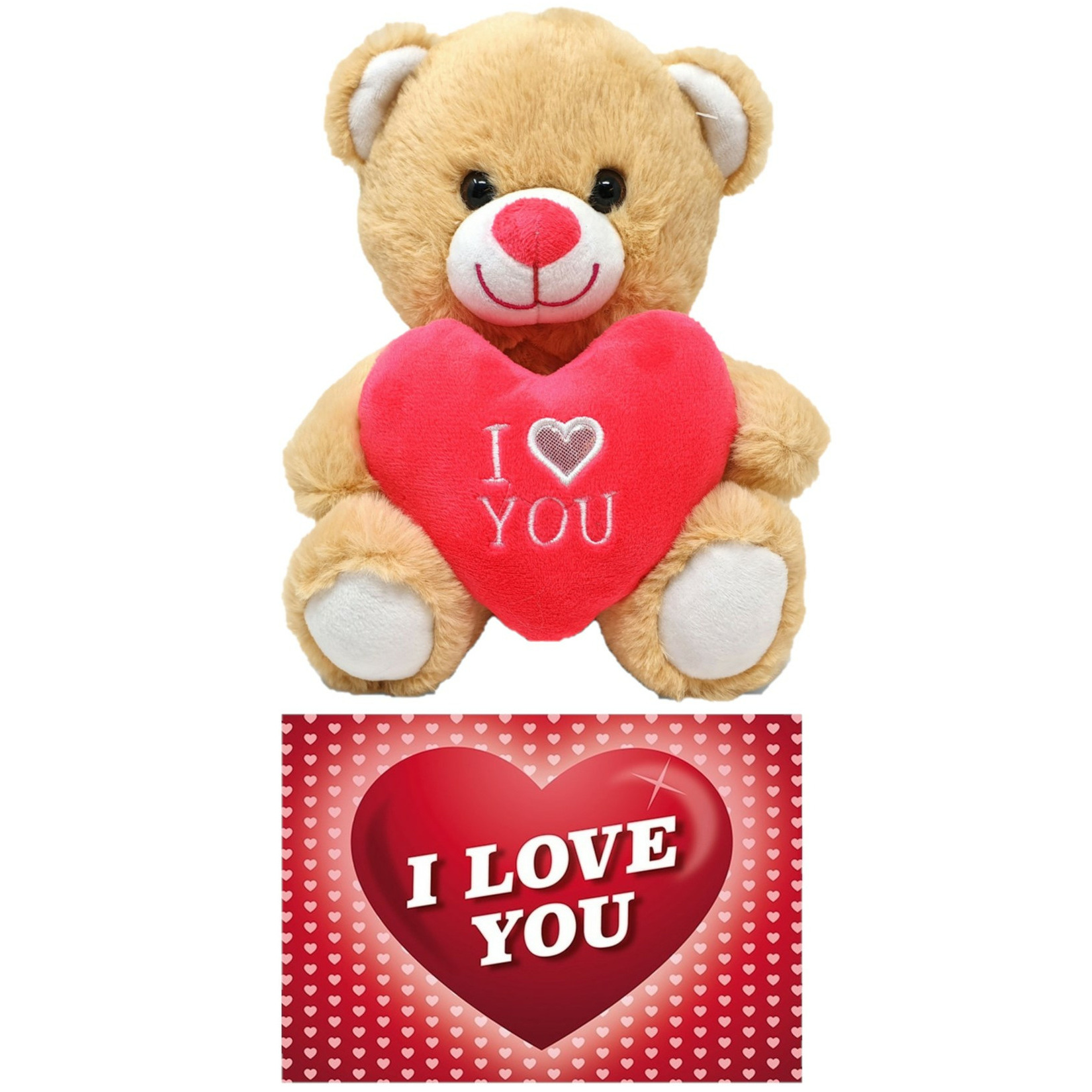 Merkloos Licht bruine pluche knuffelbeer 20 cm incl. Valentijnskaart I Love You -