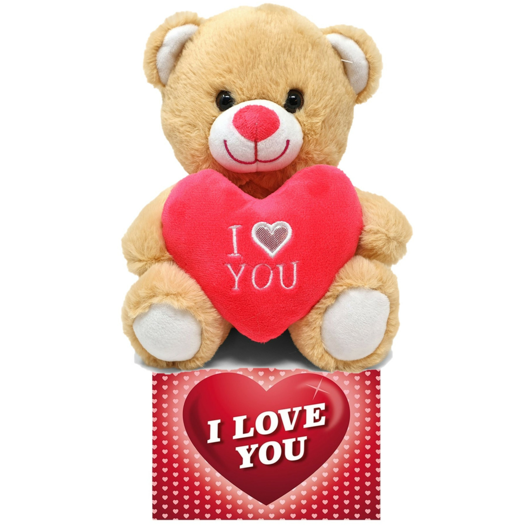 Merkloos Licht bruine pluche knuffelbeer 30 cm incl. Valentijnskaart I Love You -