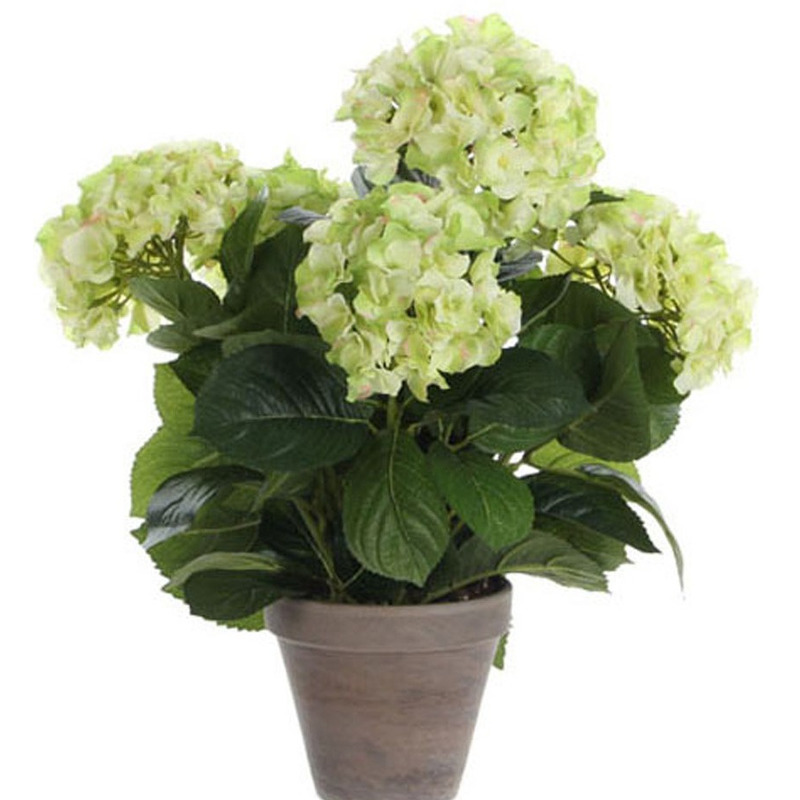 Lichtgroene Hydrangea/hortensia kunstplant 45 cm in grijze pot -