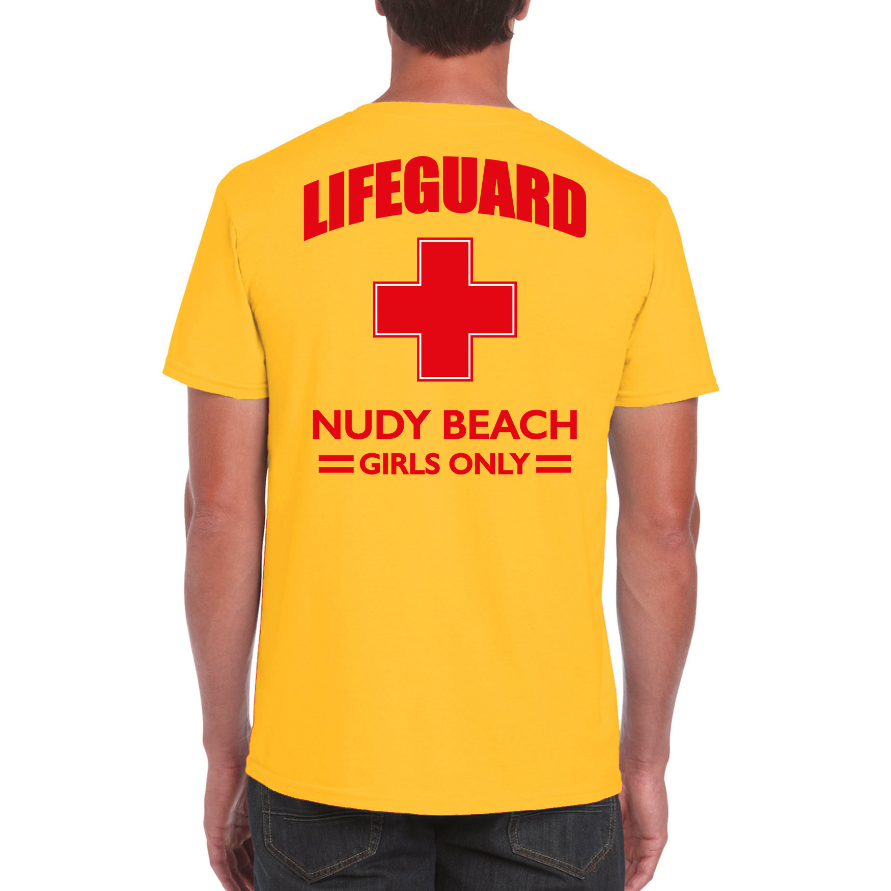 Lifeguard- strandwacht verkleed t-shirt-shirt Lifeguard Nudy Beach girls only geel voor heren