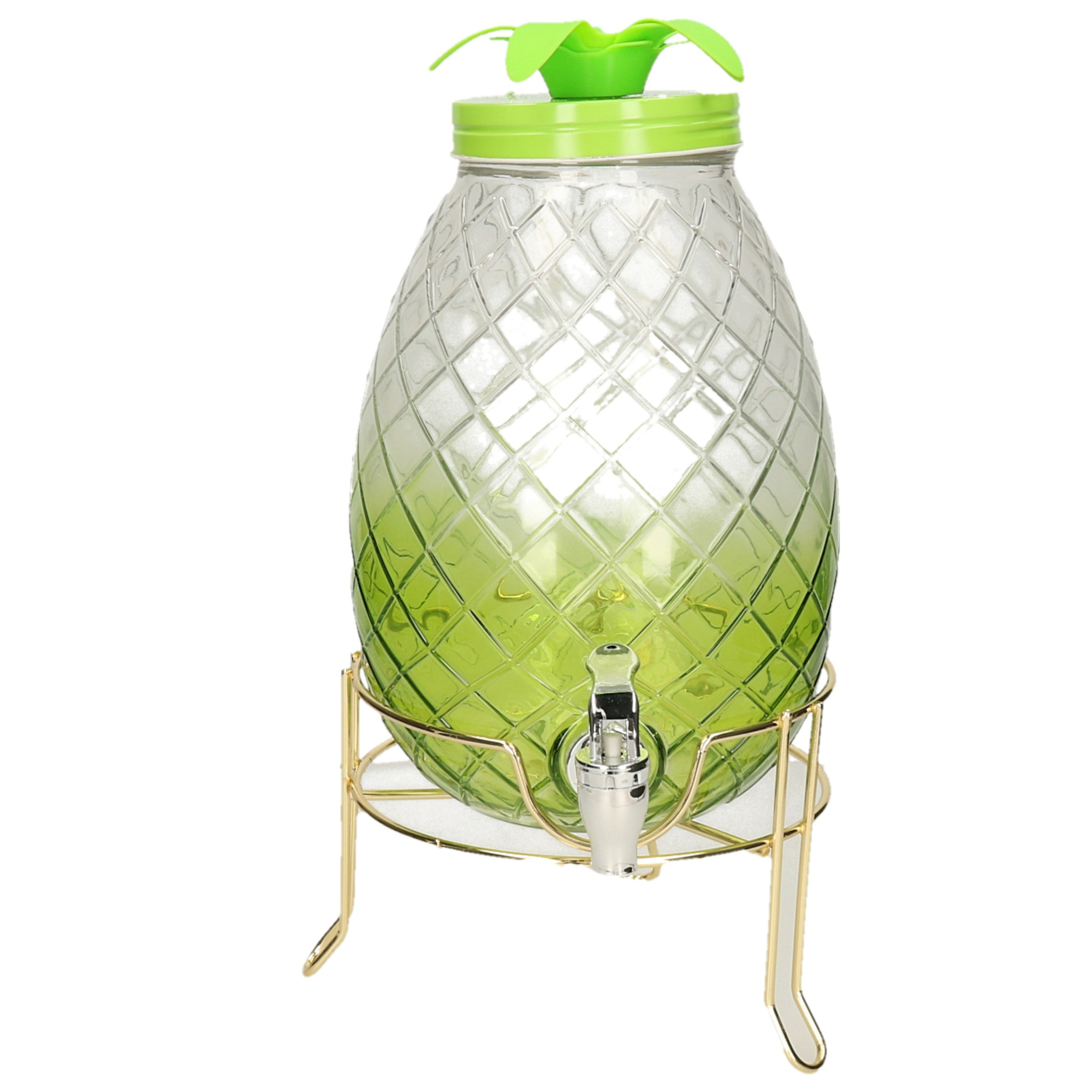 Limonade/drankdispenser ananas op verhoger - groen - 4,5 liter - glas - H40 x B19 cm -