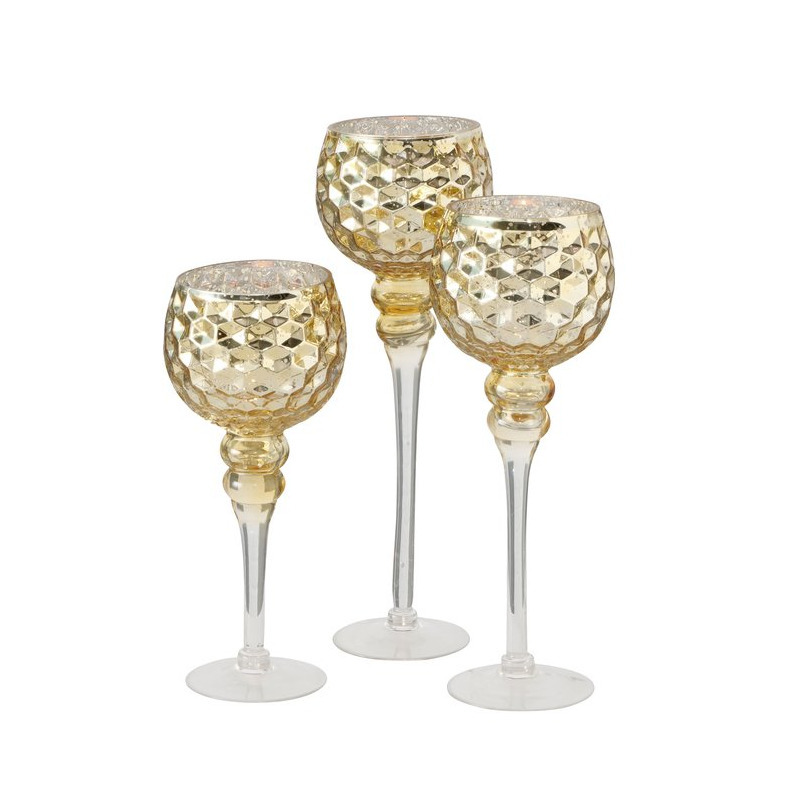 Luxe glazen design kaarsenhouders-windlichten set van 3x stuks champagne-goud transparant 30-40 cm