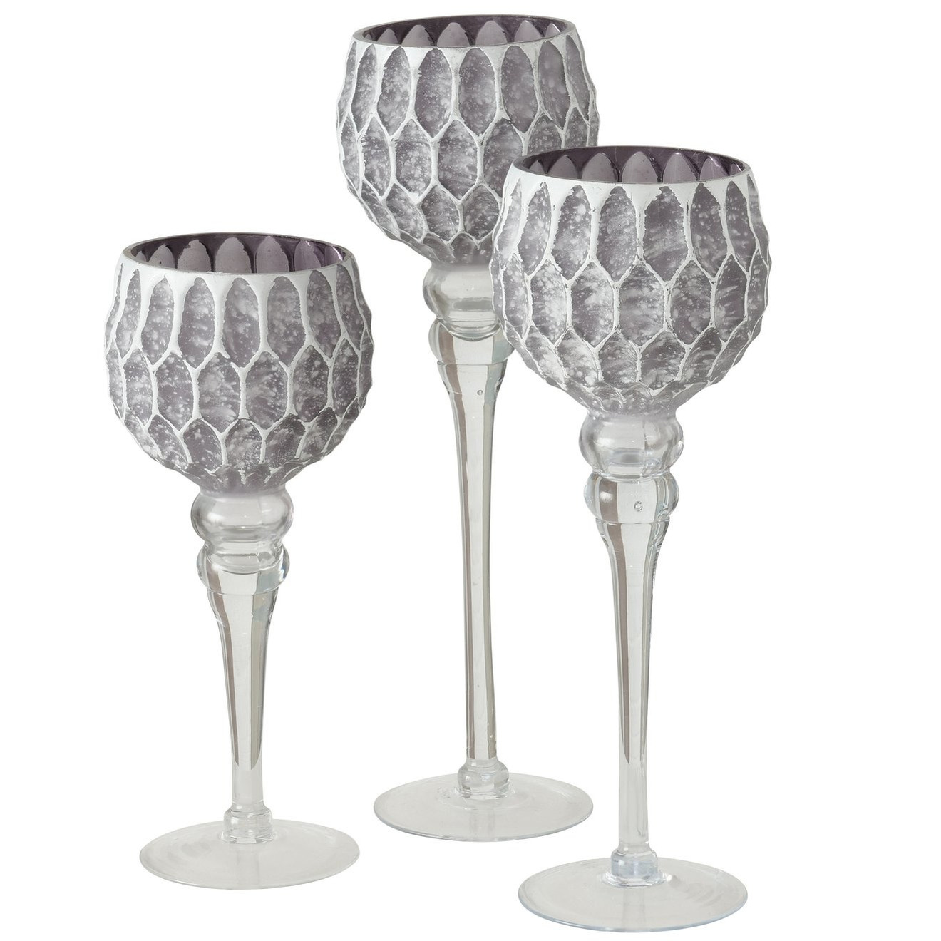 Luxe glazen design kaarsenhouders/windlichten set van 3x stuks lichtgrijs/zilver 30-40 cm -