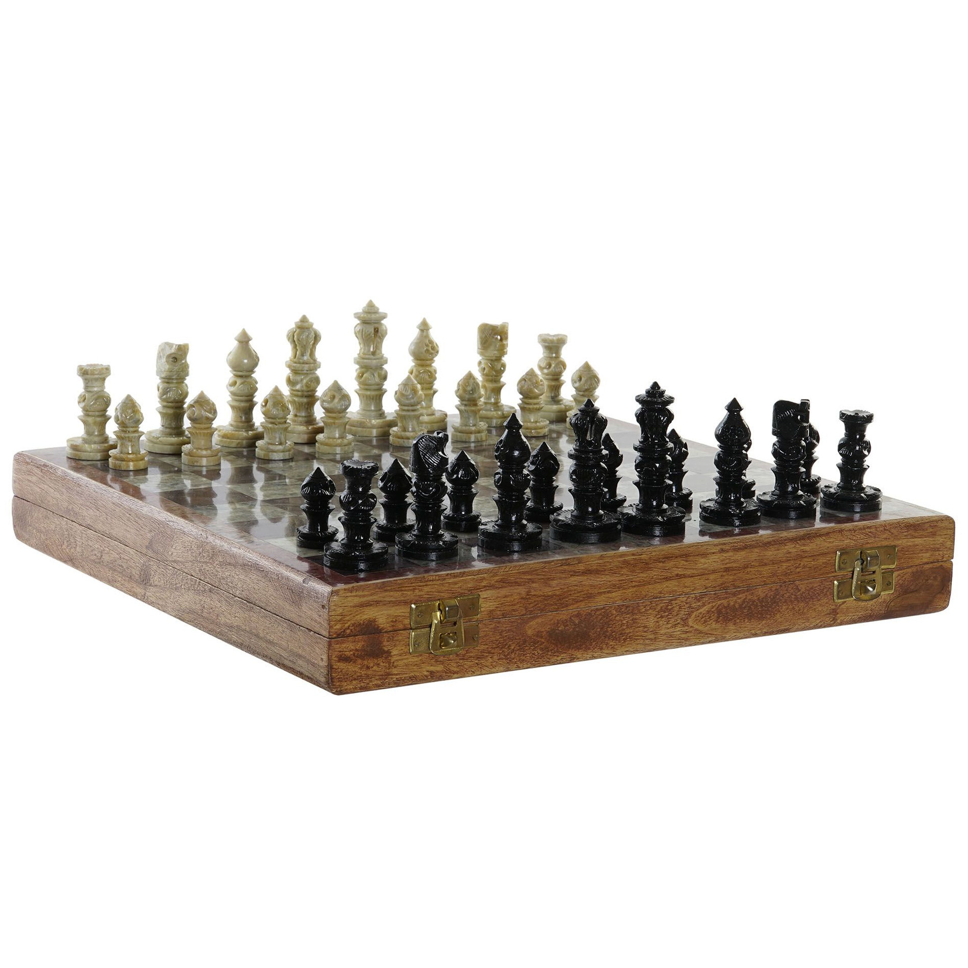 Min Klokje corruptie Luxe houten schaakspel in kist/koffer met stenen schaakstukken 30 x 30 cm -  Schaken & Dammen - Bellatio warenhuis