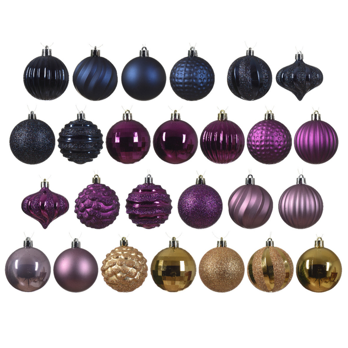 Luxe kerstballen 30x kunststof donkerblauw-goud-paars 7 cm