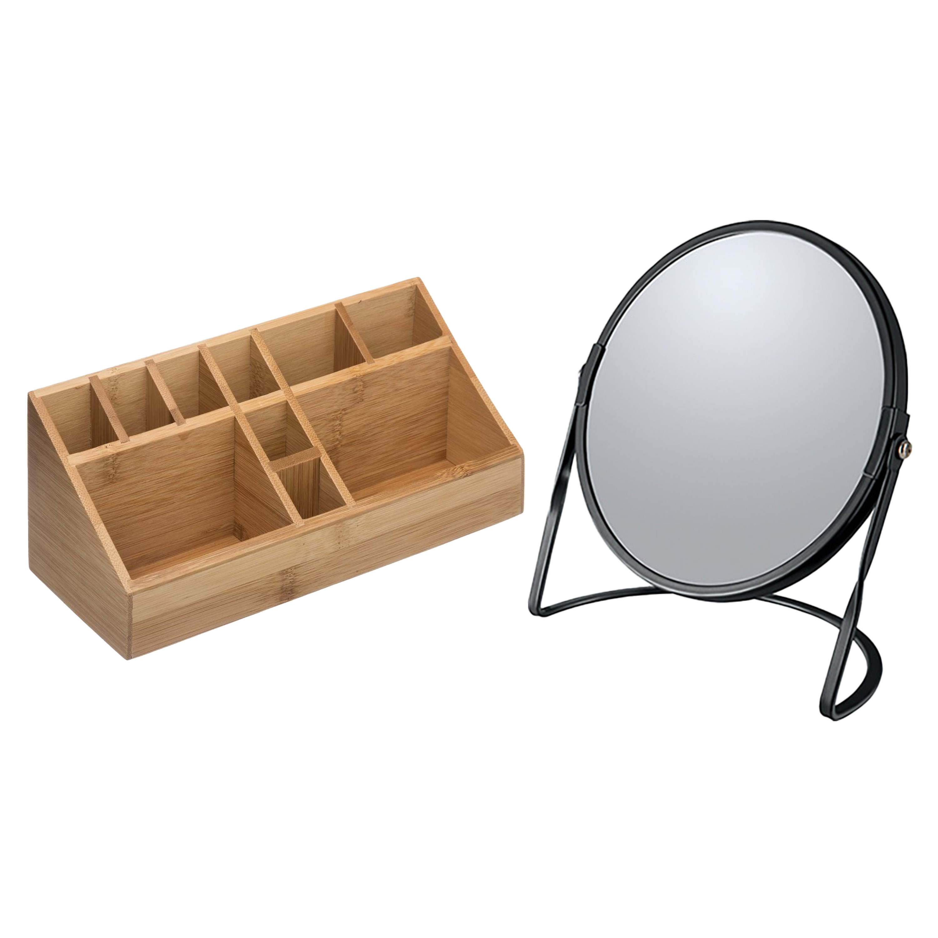 Make-up organizer en spiegel set 10x vakjes bamboe-metaal 5x zoom spiegel