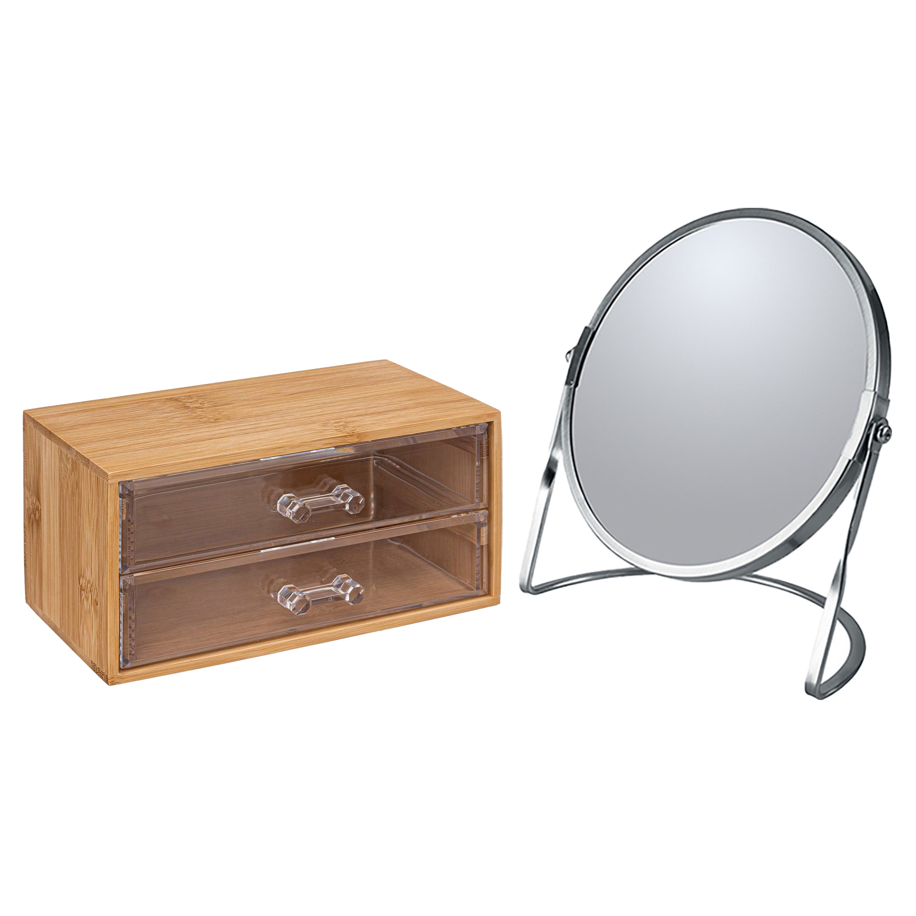 Make-up organizer en spiegel set 2 lades bamboe-kunststof 5x zoom spiegel