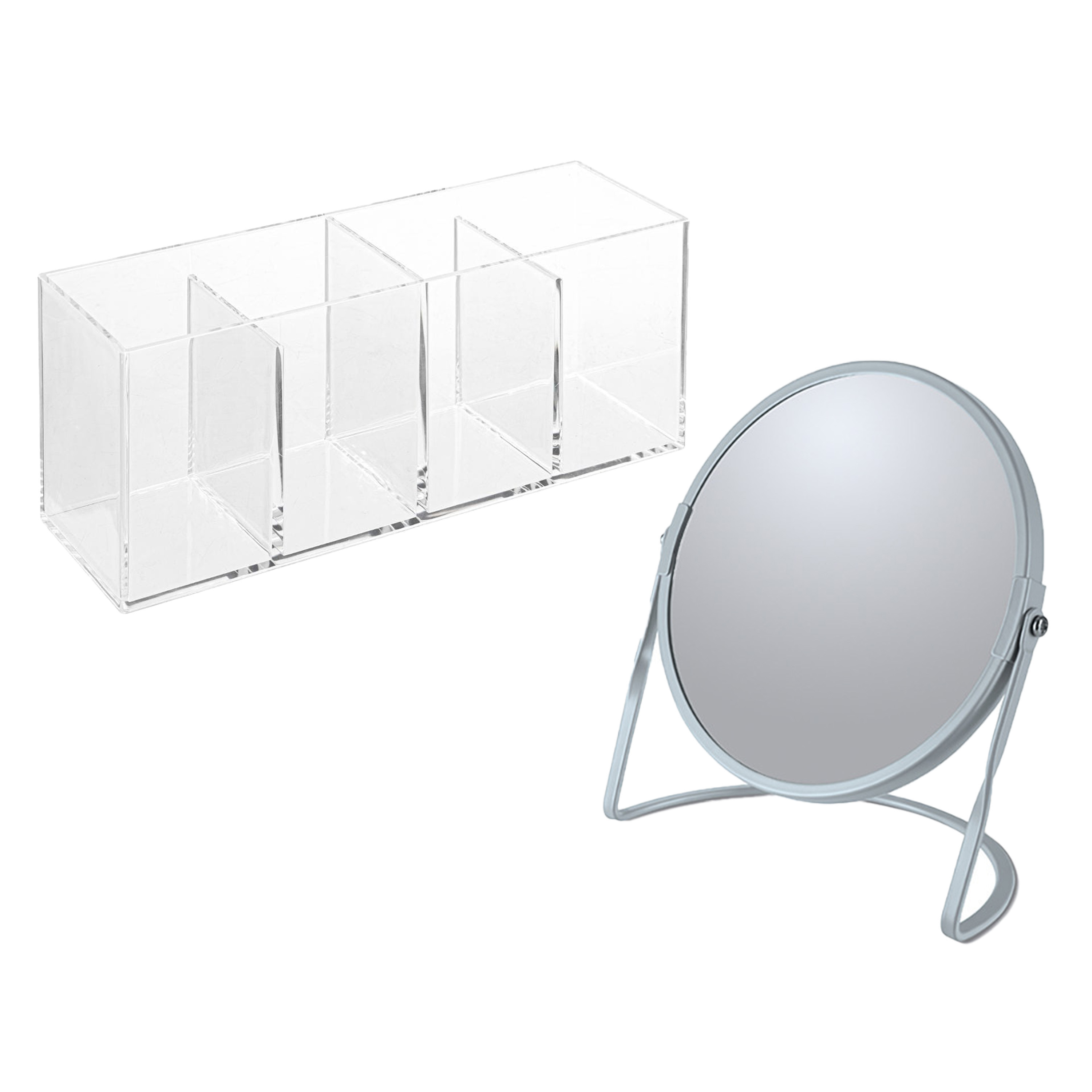 Make-up organizer en spiegel set 4 vakjes plastic-metaal 5x zoom spiegel blauw-transparant