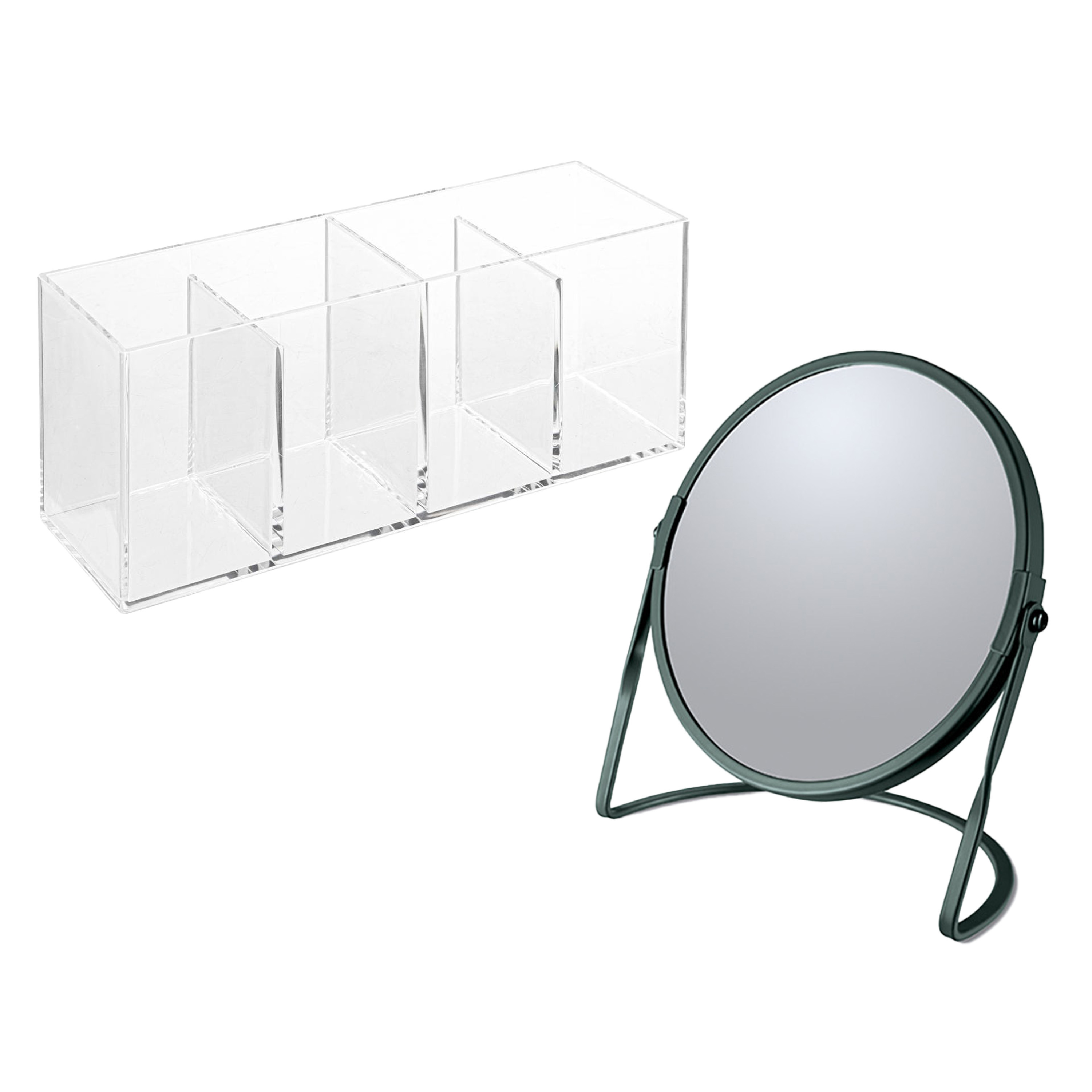 Make-up organizer en spiegel set 4 vakjes plastic-metaal 5x zoom spiegel donkergroen-transpa