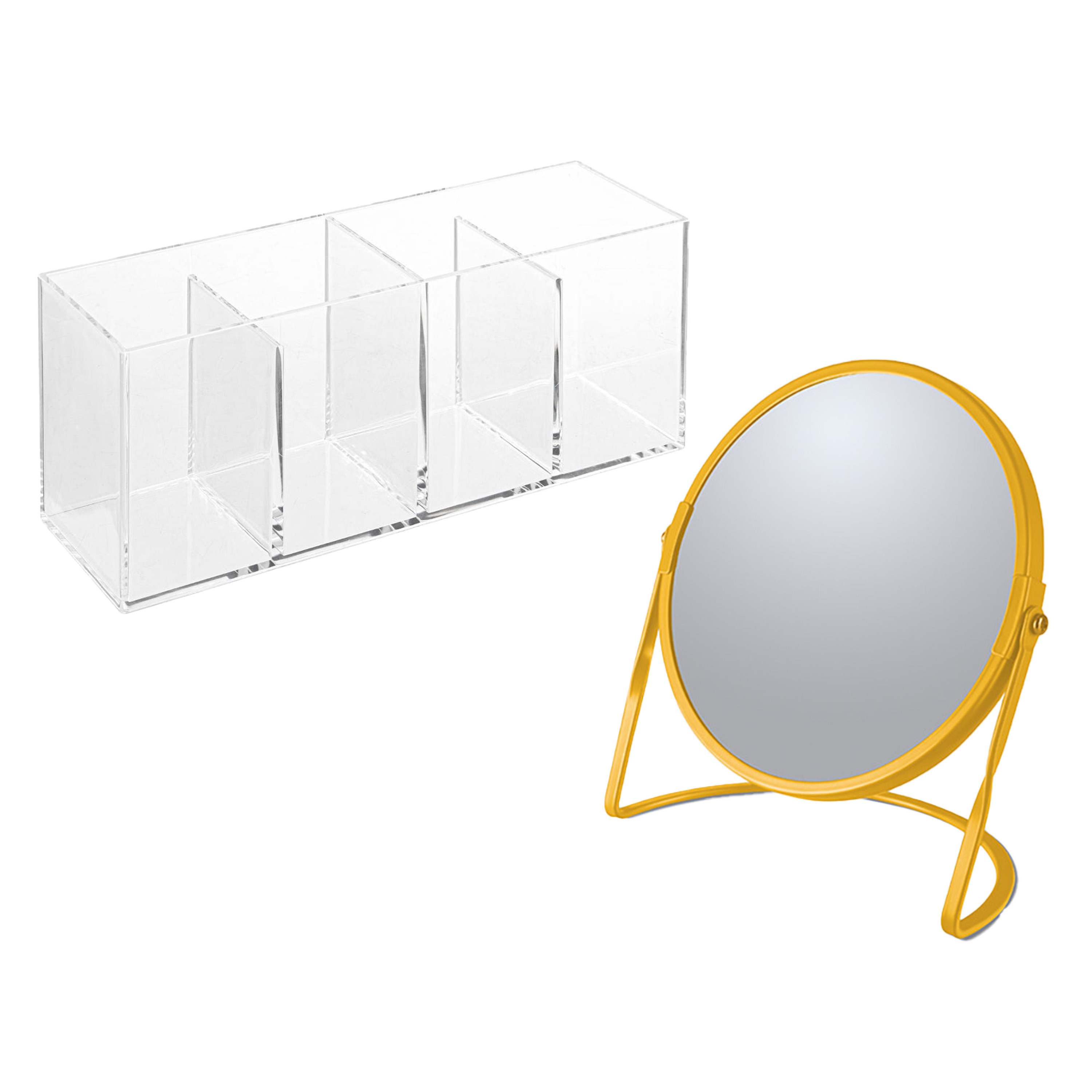 Make-up organizer en spiegel set 4 vakjes plastic-metaal 5x zoom spiegel geel-transparant