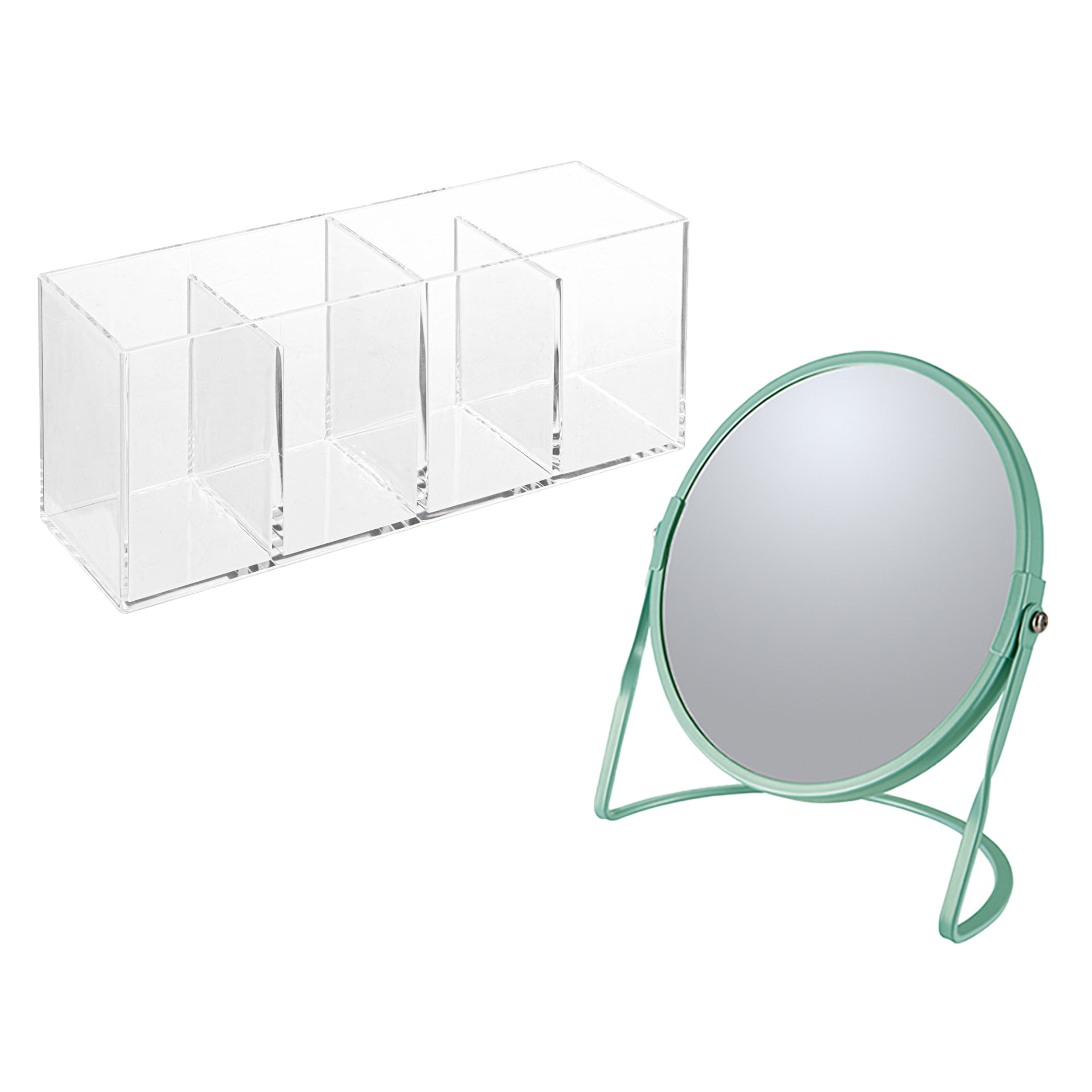 Make-up organizer en spiegel set 4 vakjes plastic-metaal 5x zoom spiegel groen-transparant