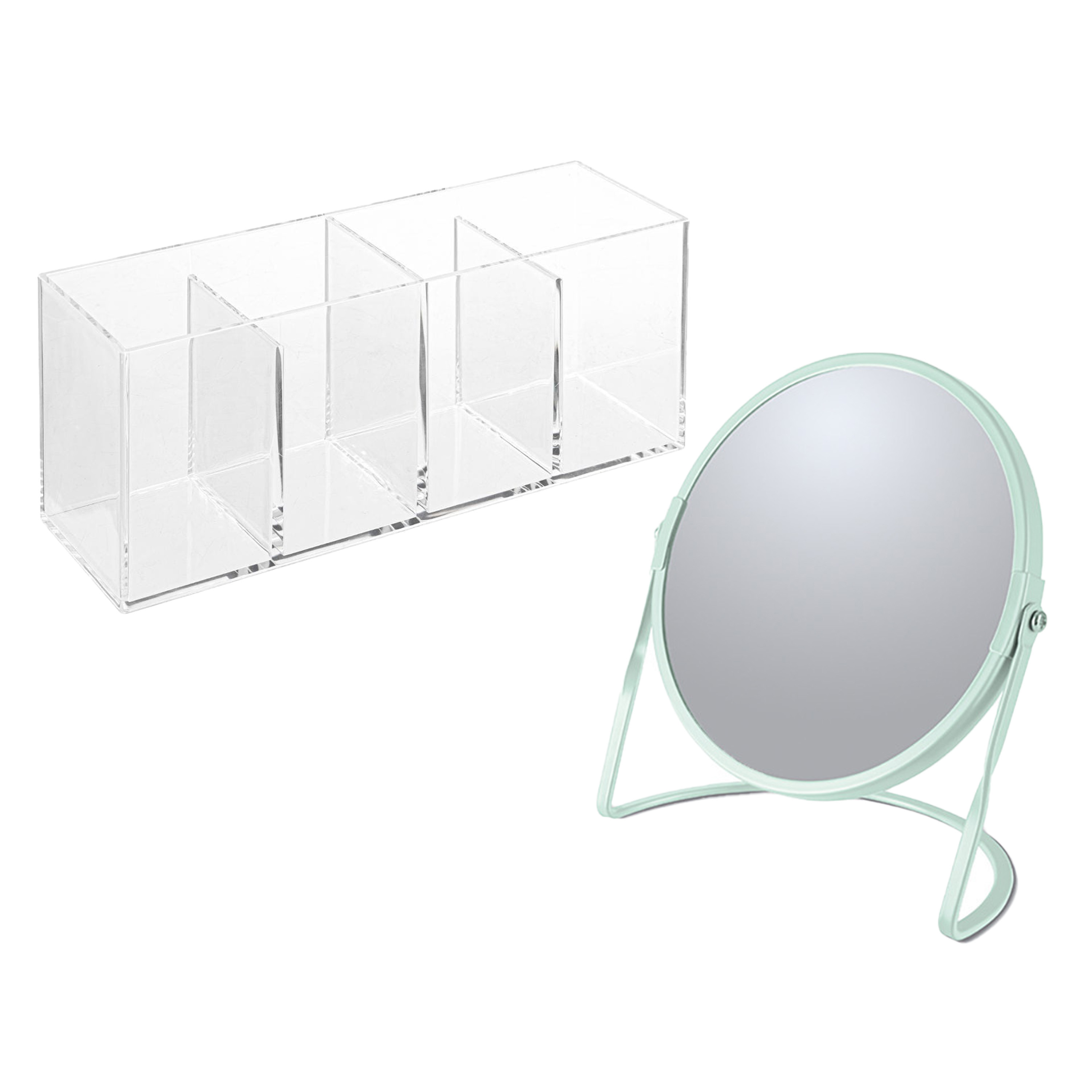Make-up organizer en spiegel set 4 vakjes plastic-metaal 5x zoom spiegel mint-transparant