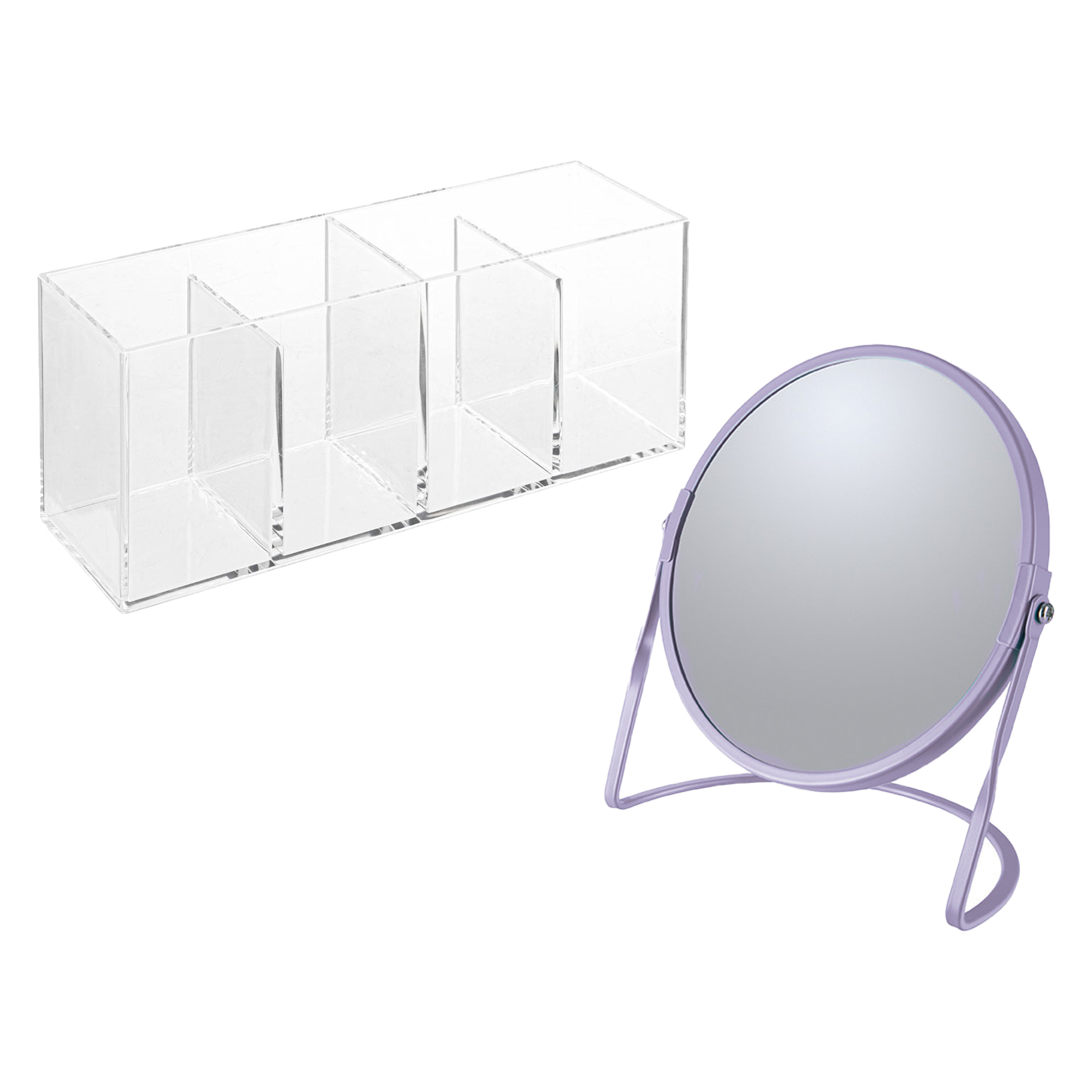Make-up organizer en spiegel set 4 vakjes plastic-metaal 5x zoom spiegel paars-transparant