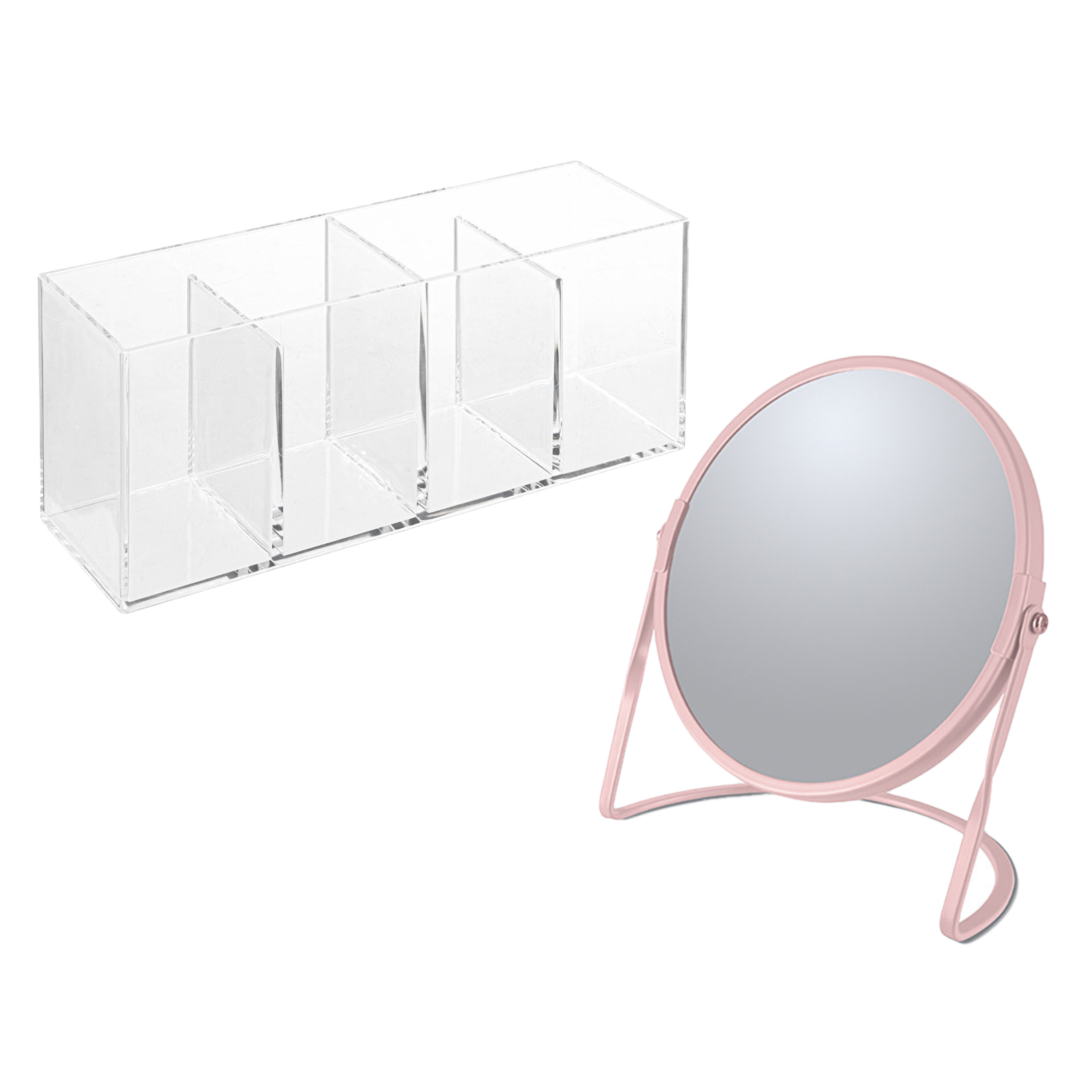 Make-up organizer en spiegel set 4 vakjes plastic-metaal 5x zoom spiegel roze-transparant