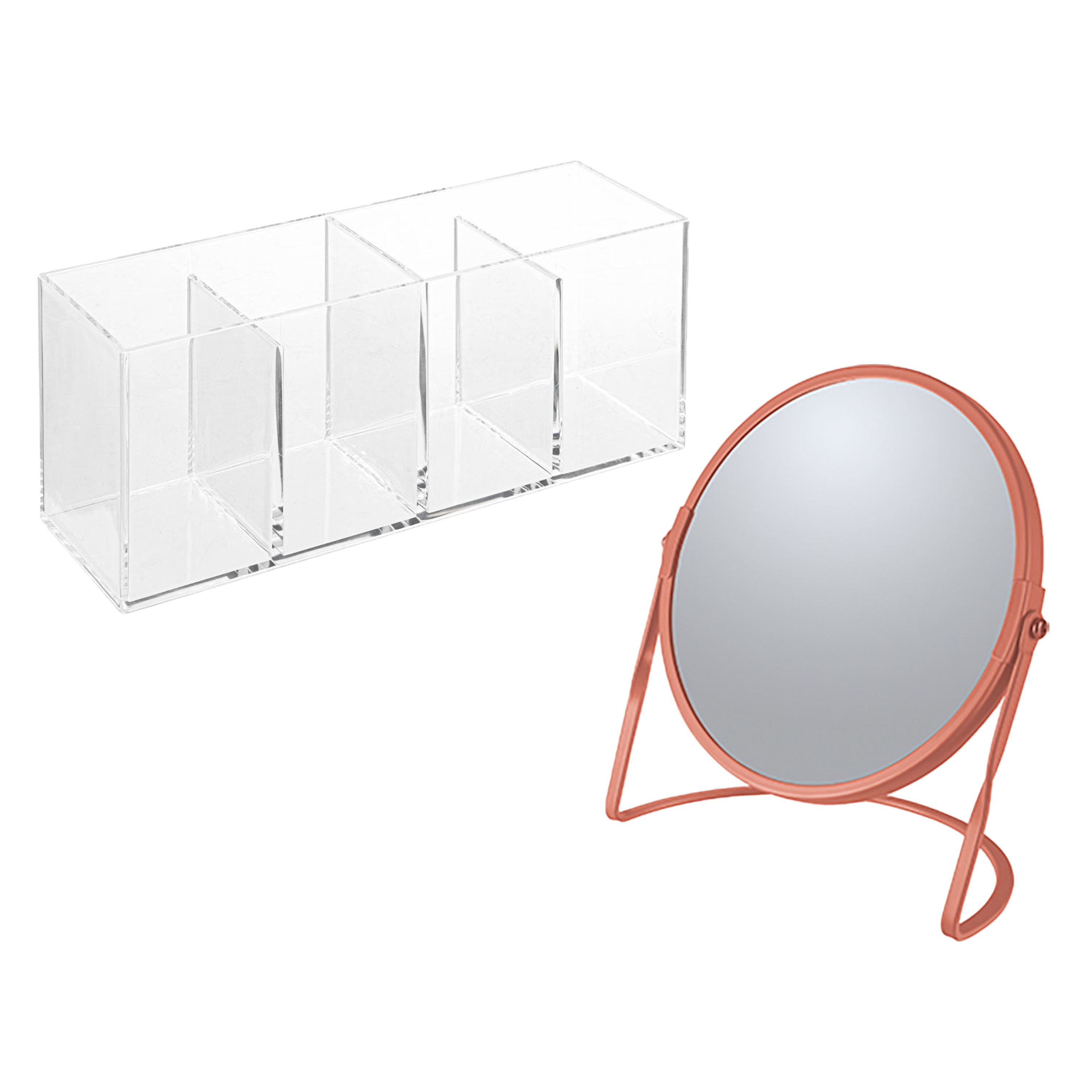 Make-up organizer en spiegel set 4 vakjes plastic-metaal 5x zoom spiegel terra-transparant