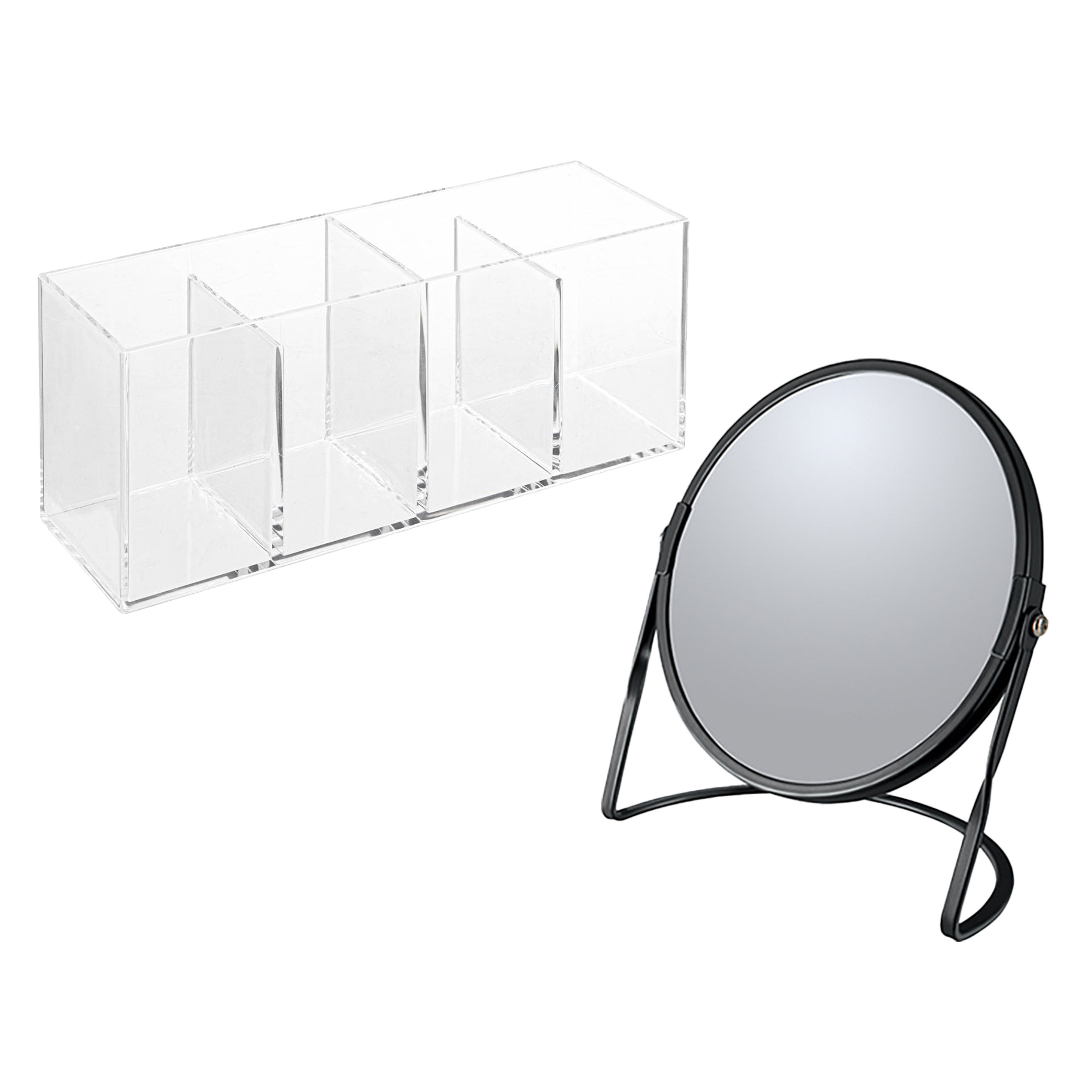 Make-up organizer en spiegel set 4 vakjes plastic-metaal 5x zoom spiegel zwart-transparant