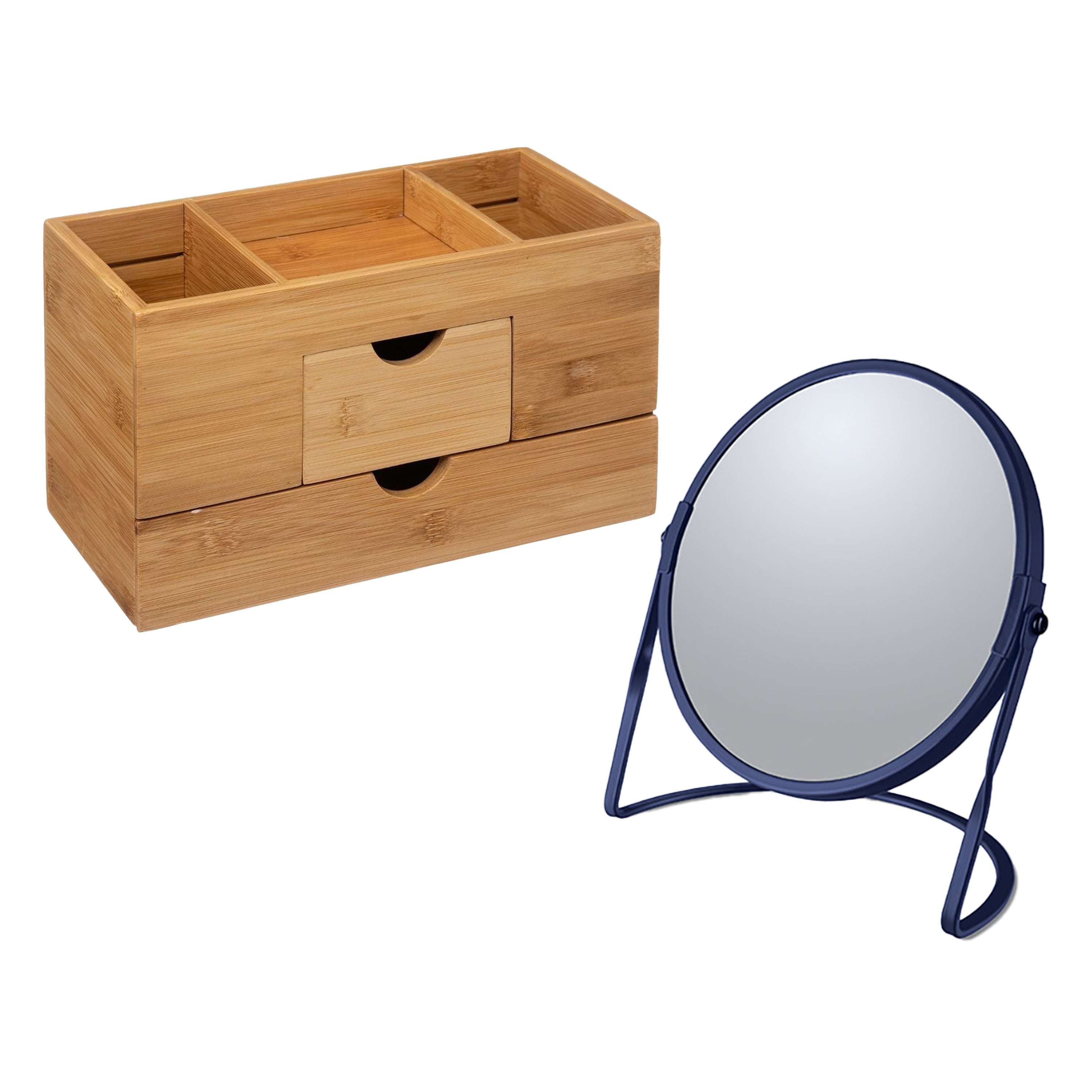 Make-up organizer en spiegel set lades-vakjes bamboe-metaal 5x zoom spiegel