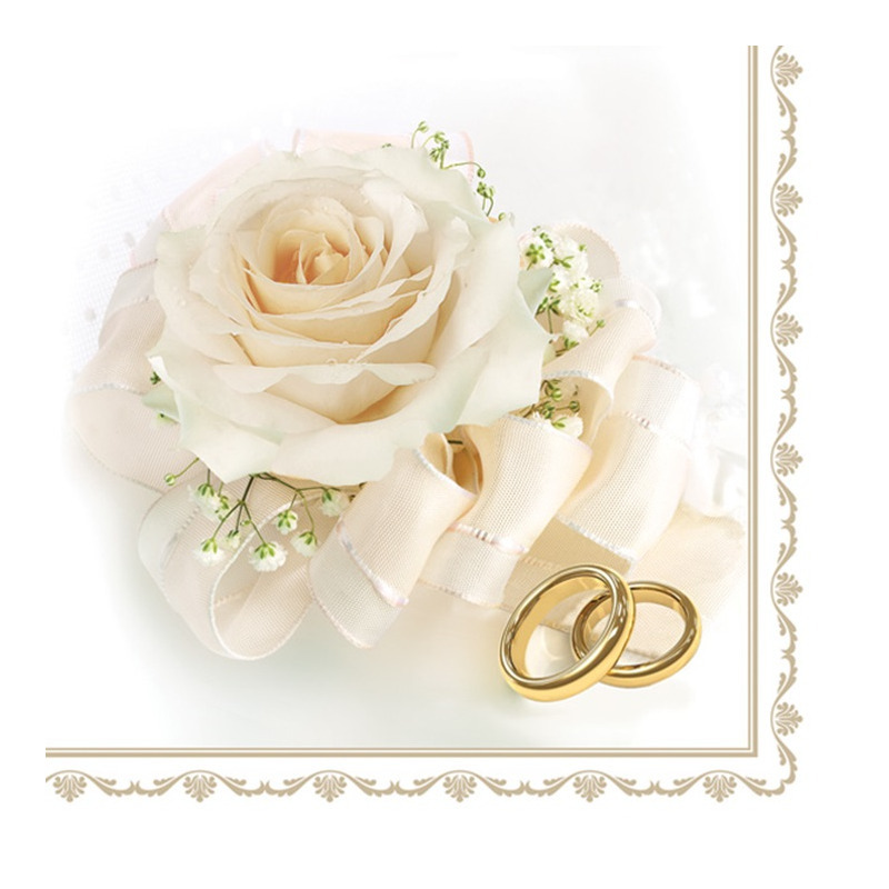 Maki bruiloft servetten 20x st 33 x 33 cm witte roos en ringen feestservetten