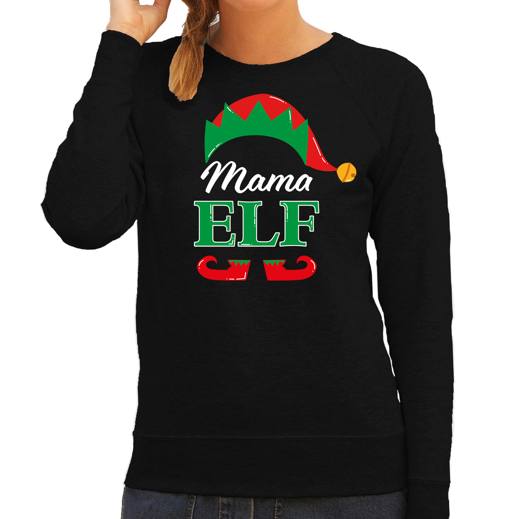 Mama elf foute Kerstsweater-Kersttrui zwart voor dames