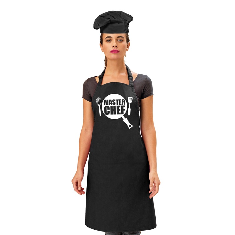 Master chef keukenschort zwart dames met zwarte koksmuts -