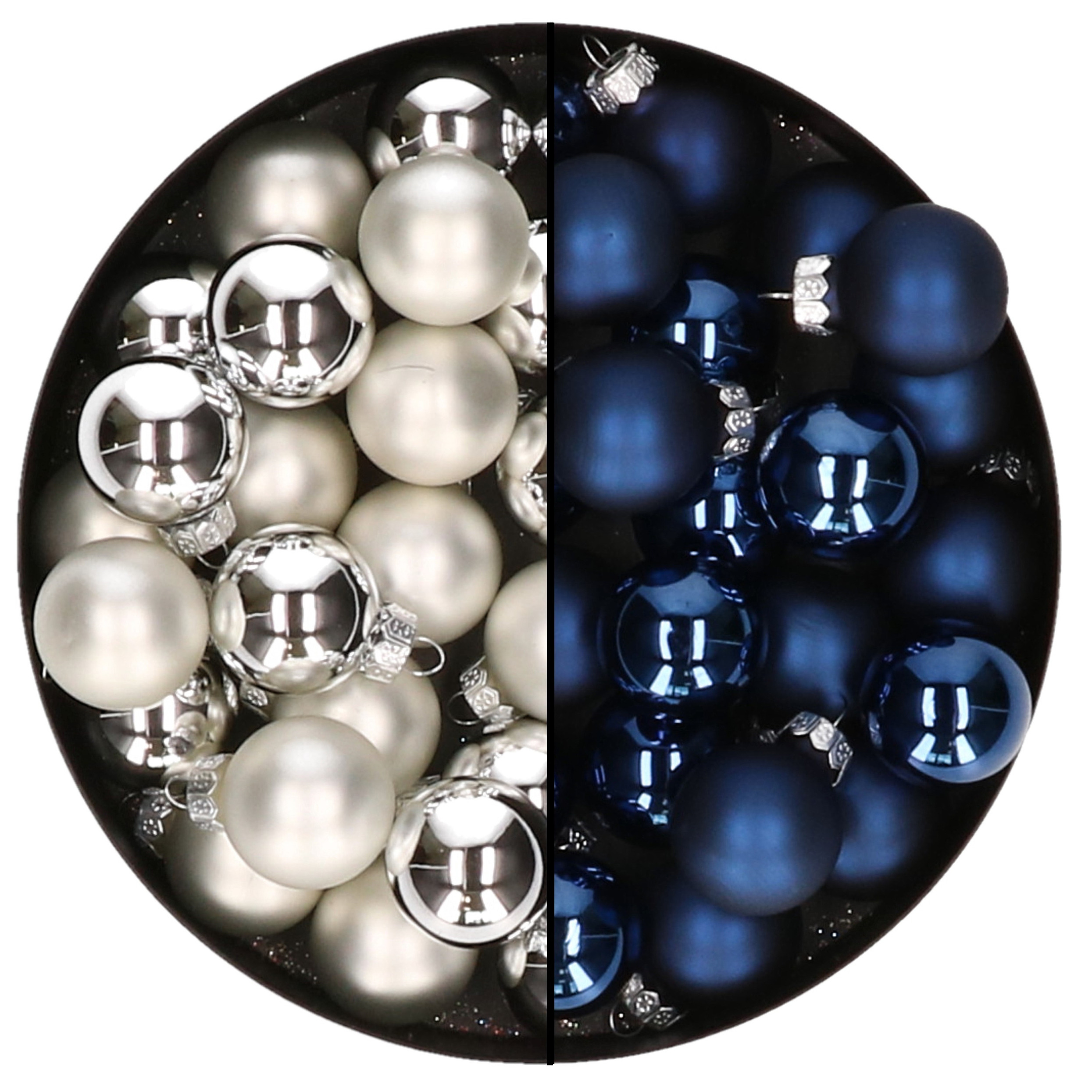 Mini kerstballen 48x st zilver en donkerblauw 2,5 cm glas