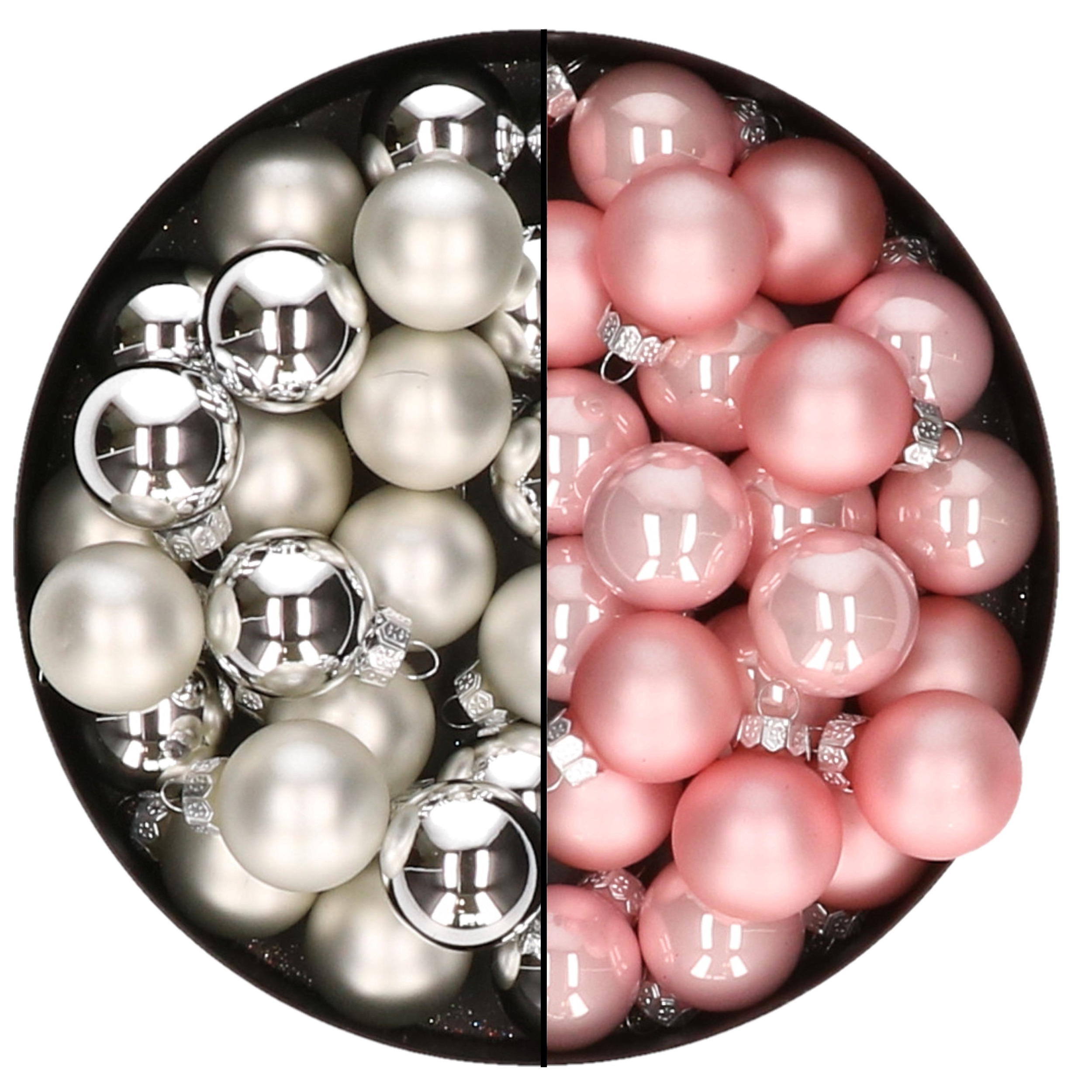 Mini kerstballen 48x st zilver en lichtroze 2,5 cm glas