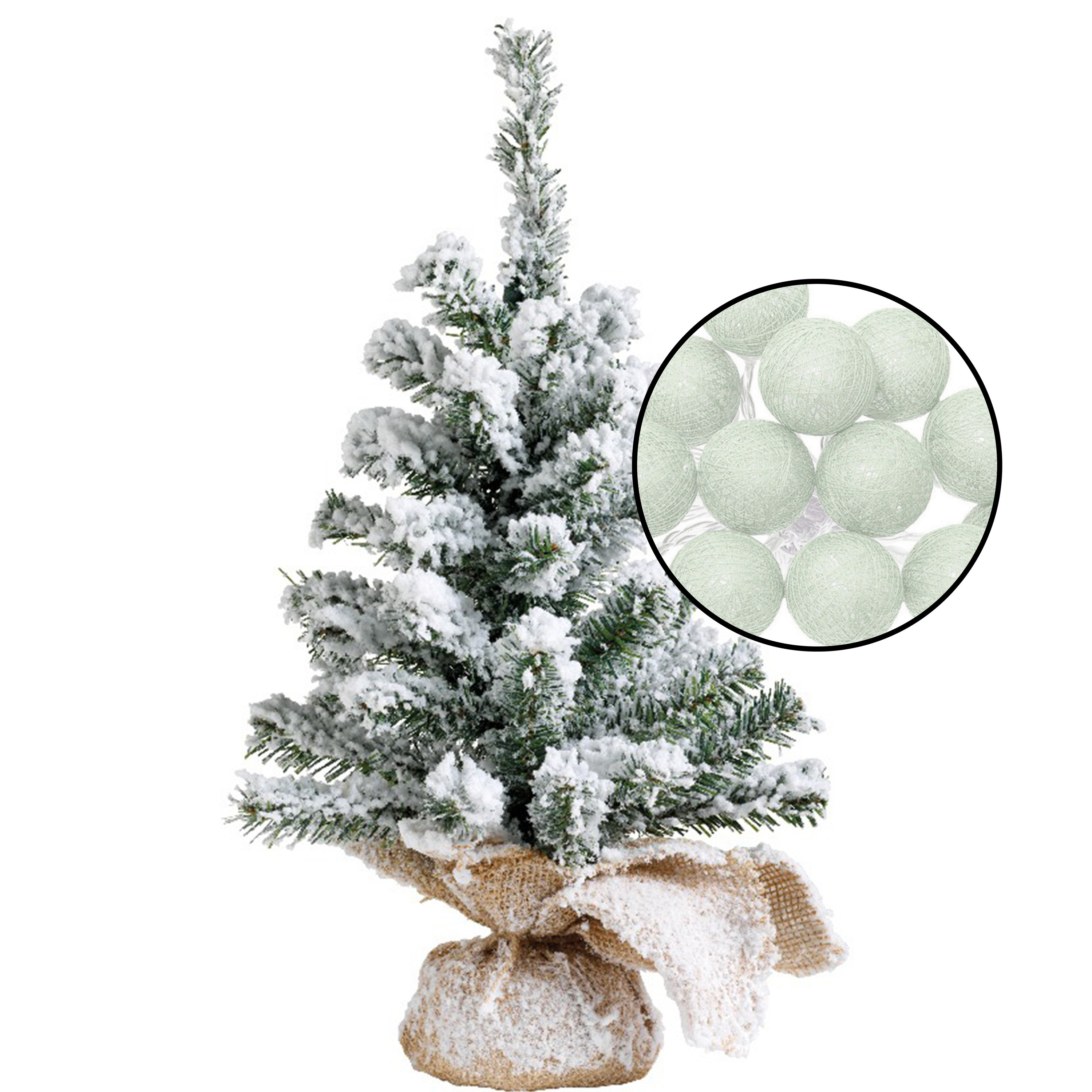 Mini kerstboom besneeuwd incl. verlichting bollen lichtgroen H45 cm