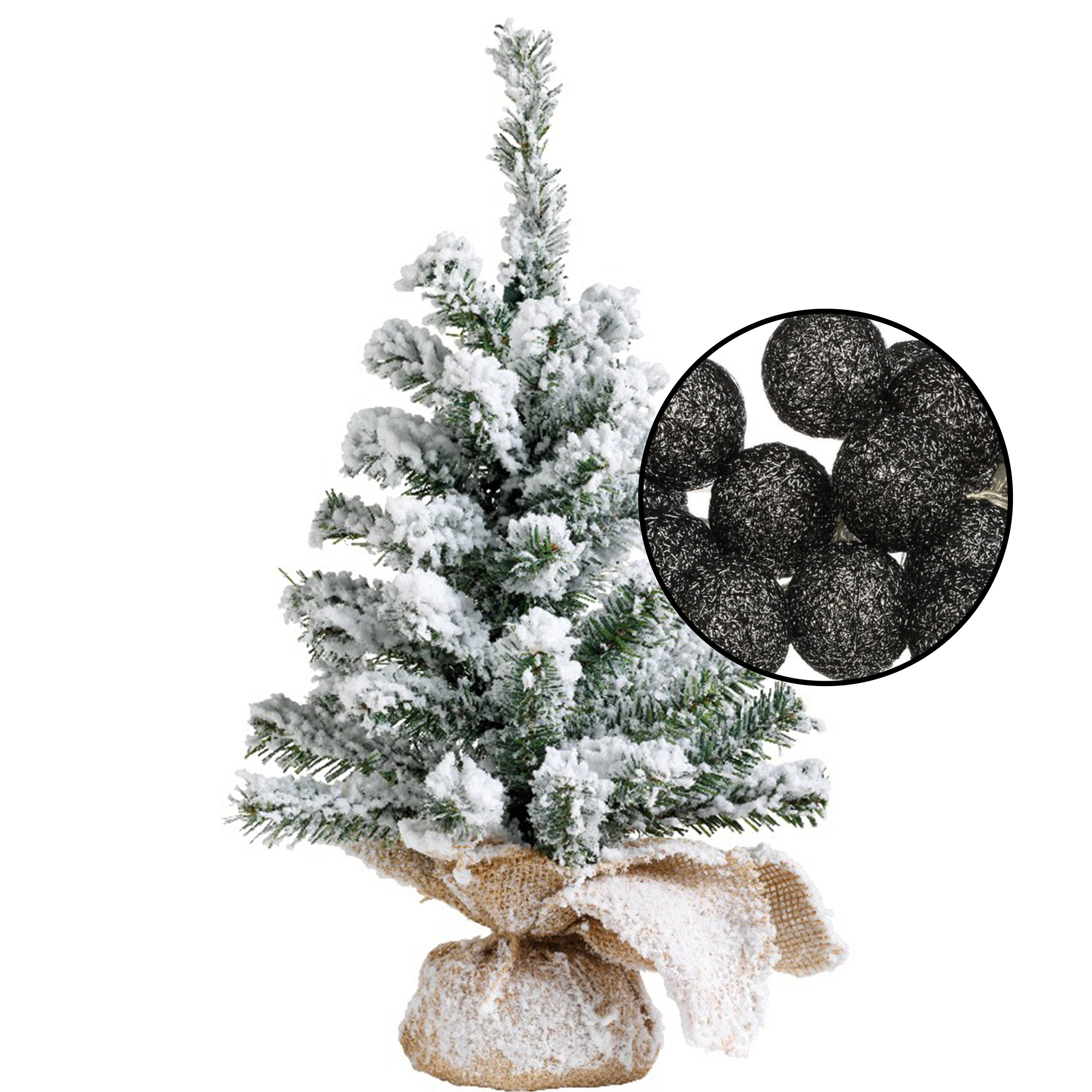 Mini kerstboom besneeuwd met verlichting bollen zwart H45 cm