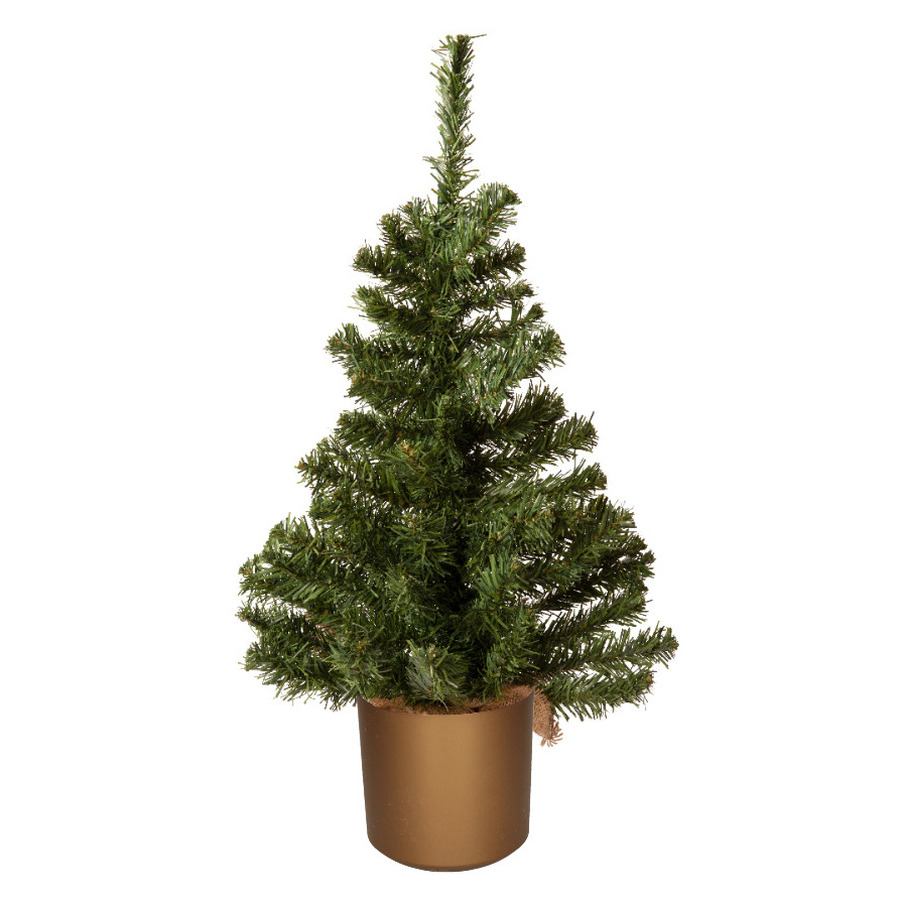 Mini kerstboom groen in gouden kunststof pot 60 cm kunstboom