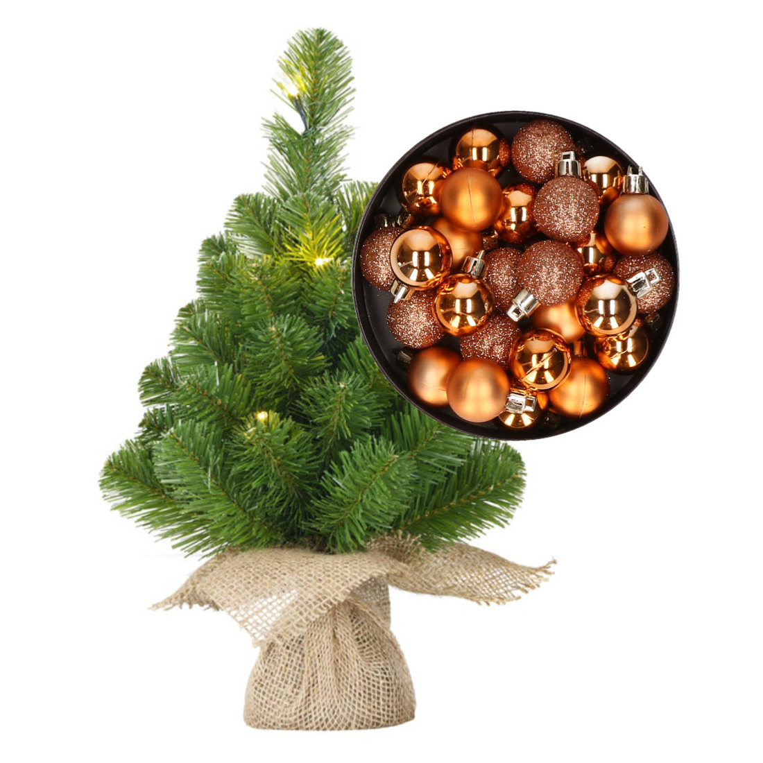 Mini kerstboom-kunstboom met verlichting 45 cm en inclusief kerstballen koper