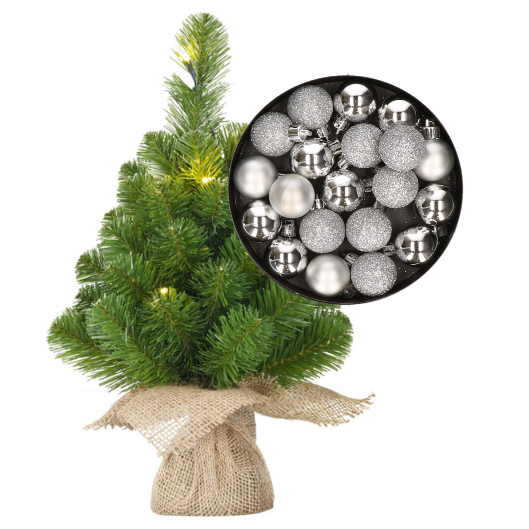 Mini kerstboom-kunstboom met verlichting 45 cm en inclusief kerstballen zilver