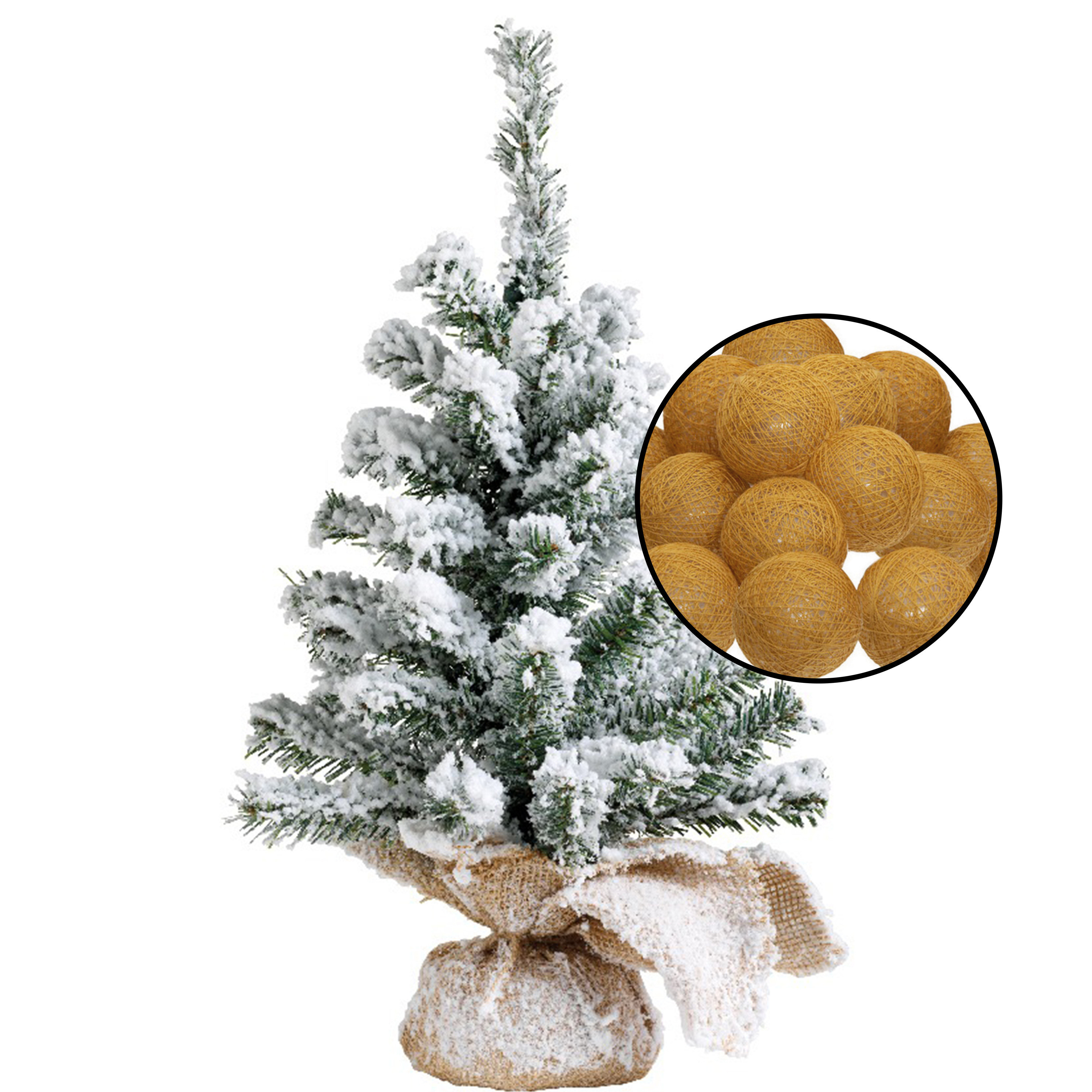 Mini kerstboom met sneeuw incl. verlichting bollen okergeel H45 cm