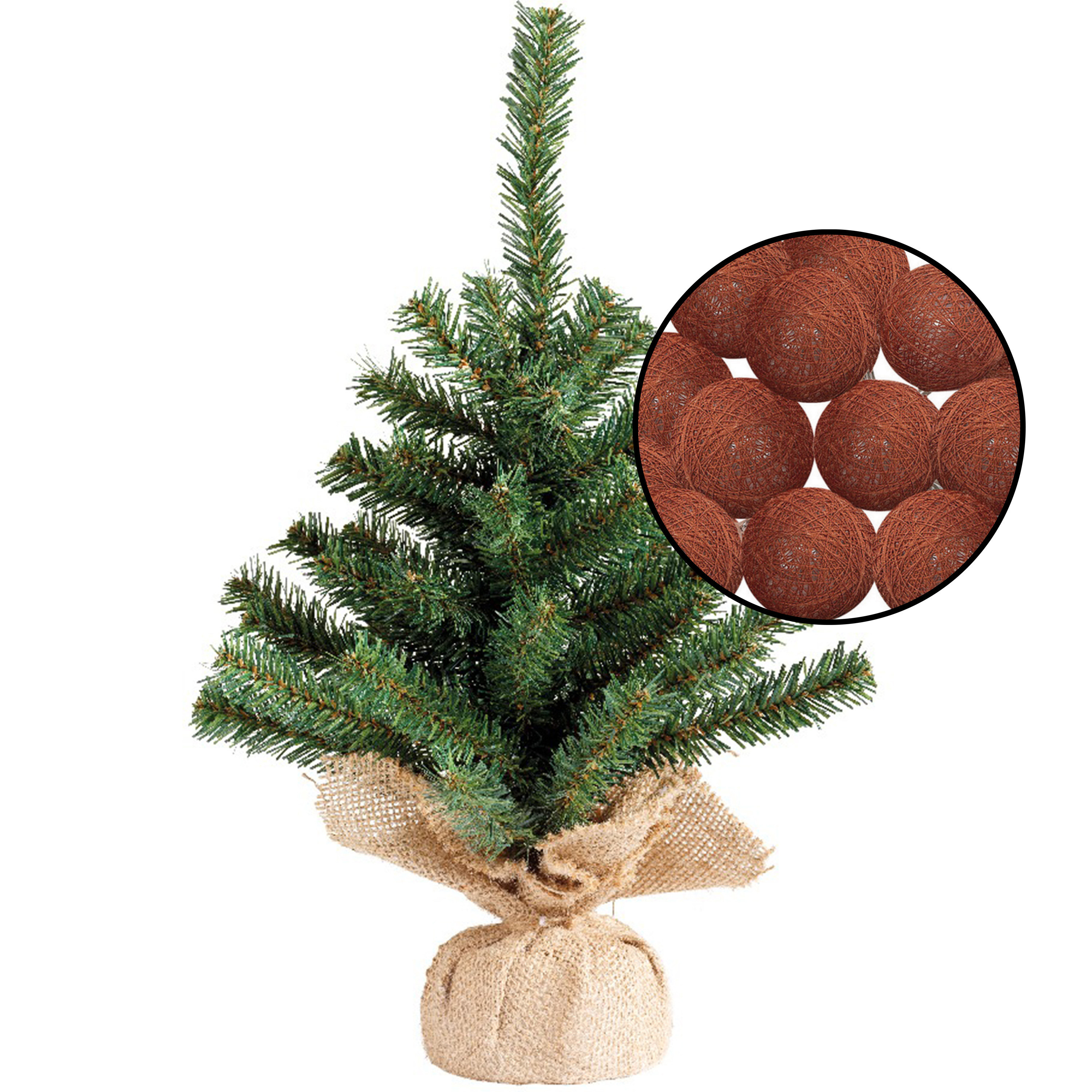 Mini kerstboompje groen met lichtsnoer bollen terracotta bruin H45 cm