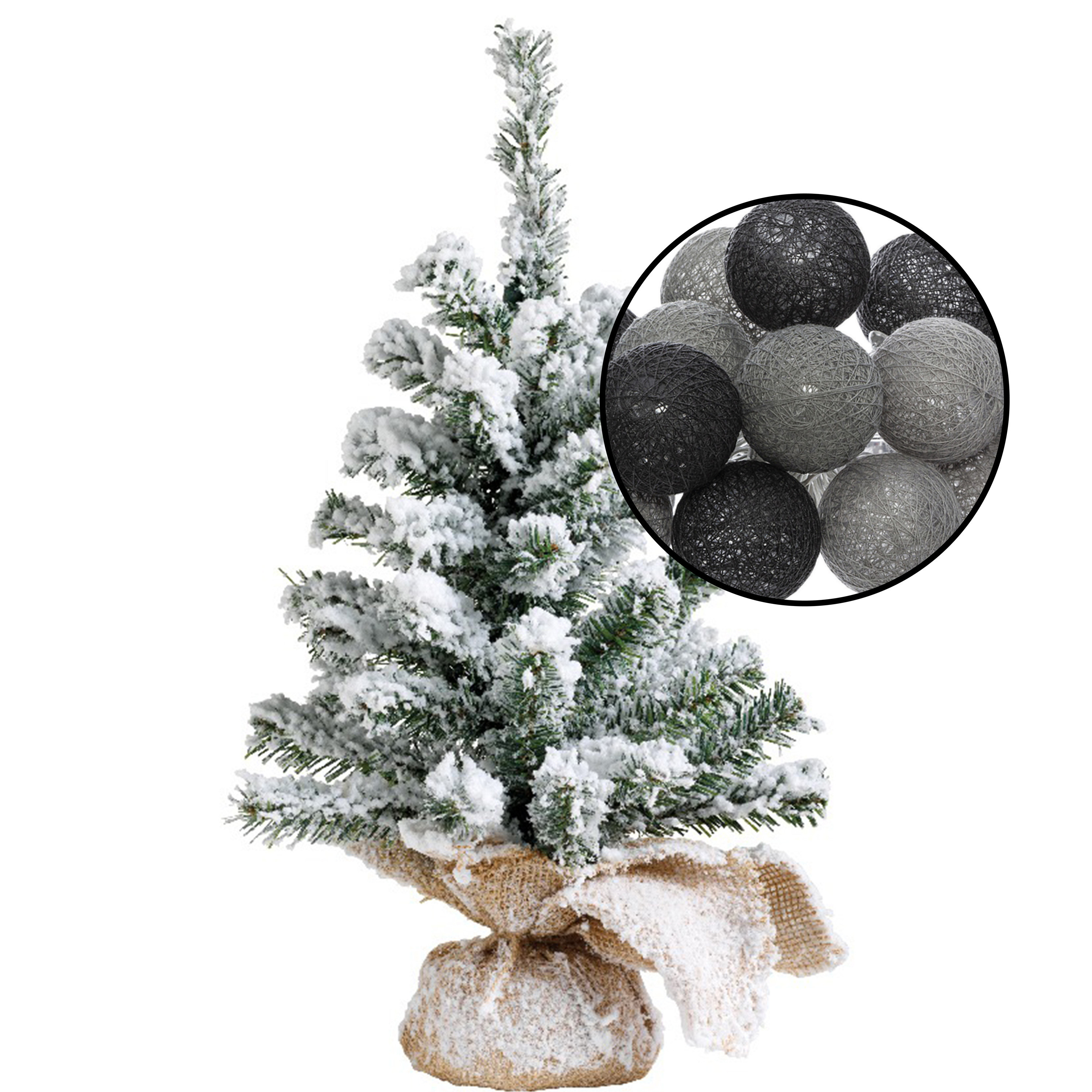 Mini kerstboompje met sneeuw -incl. verlichting bollen zwart-grijs- H45 cm