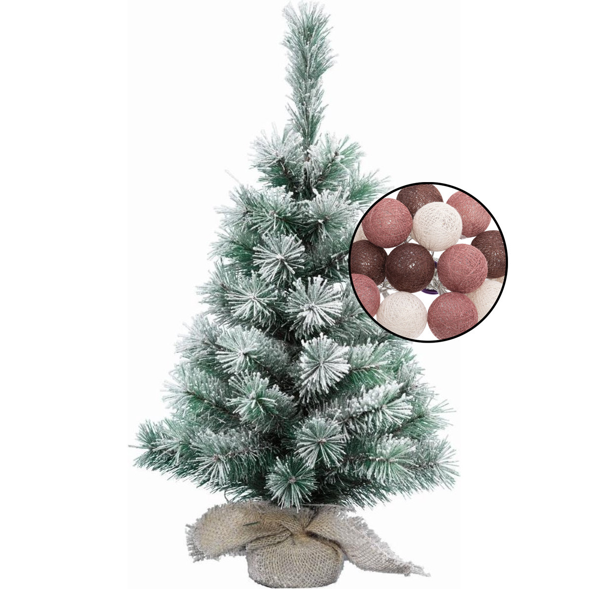 Mini kunst kerstboom besneeuwd -incl. lichtsnoer bollen mix rood H60 cm