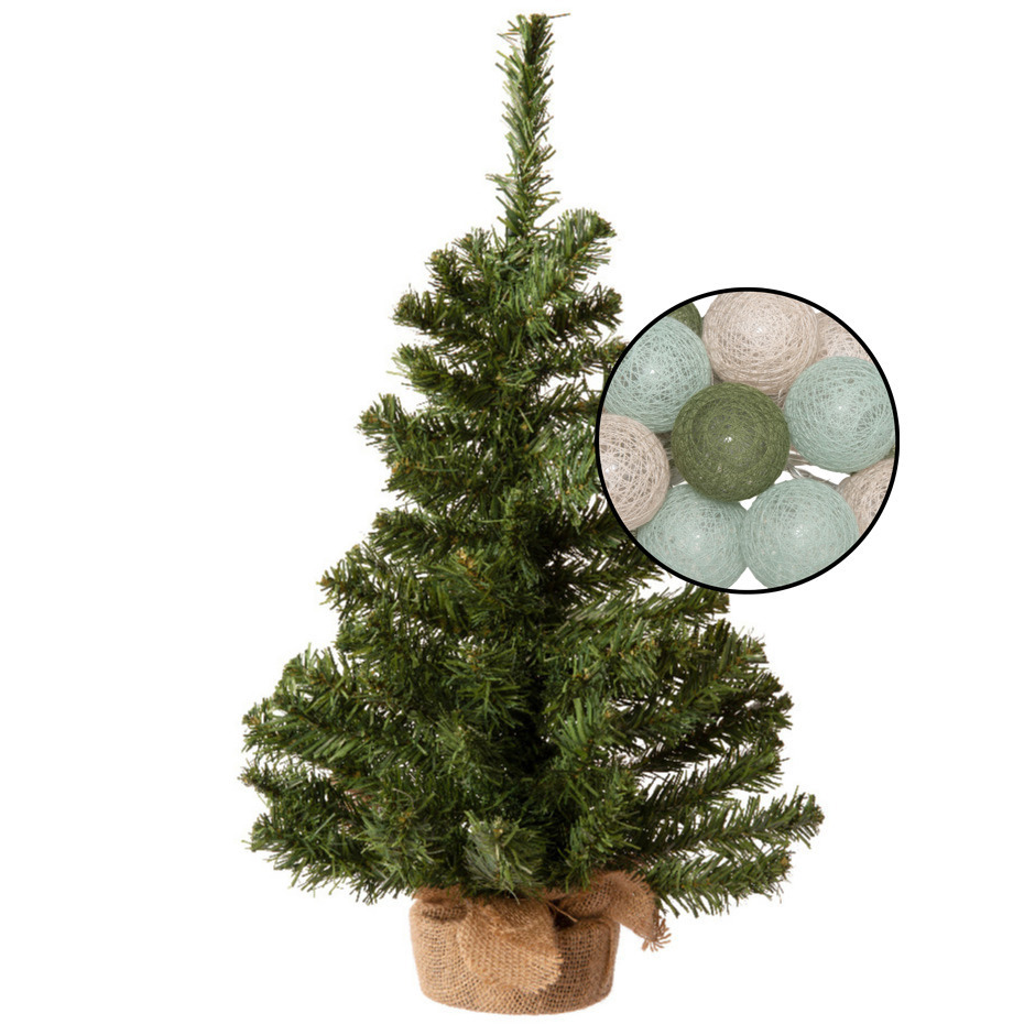 Mini kunst kerstboom groen met lichtsnoer bollen mix groen-lichtroze H60 cm