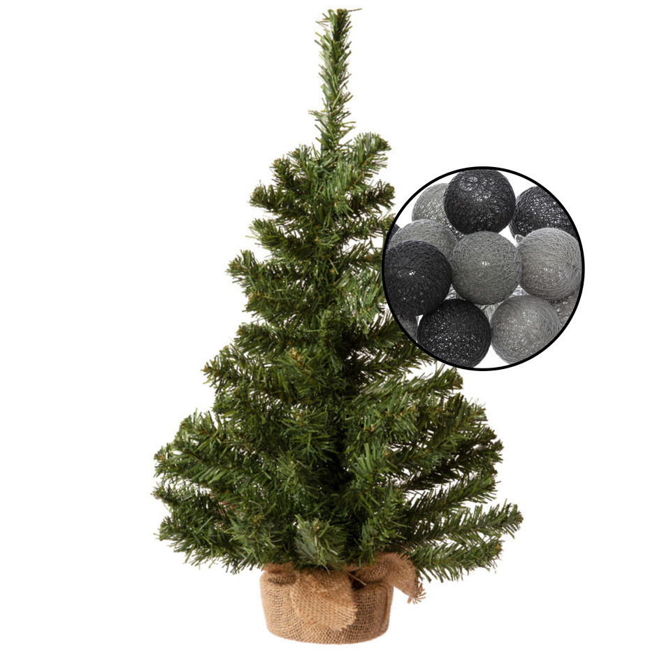 Mini kunst kerstboom groen met verlichting bollen zwart-grijs H60 cm