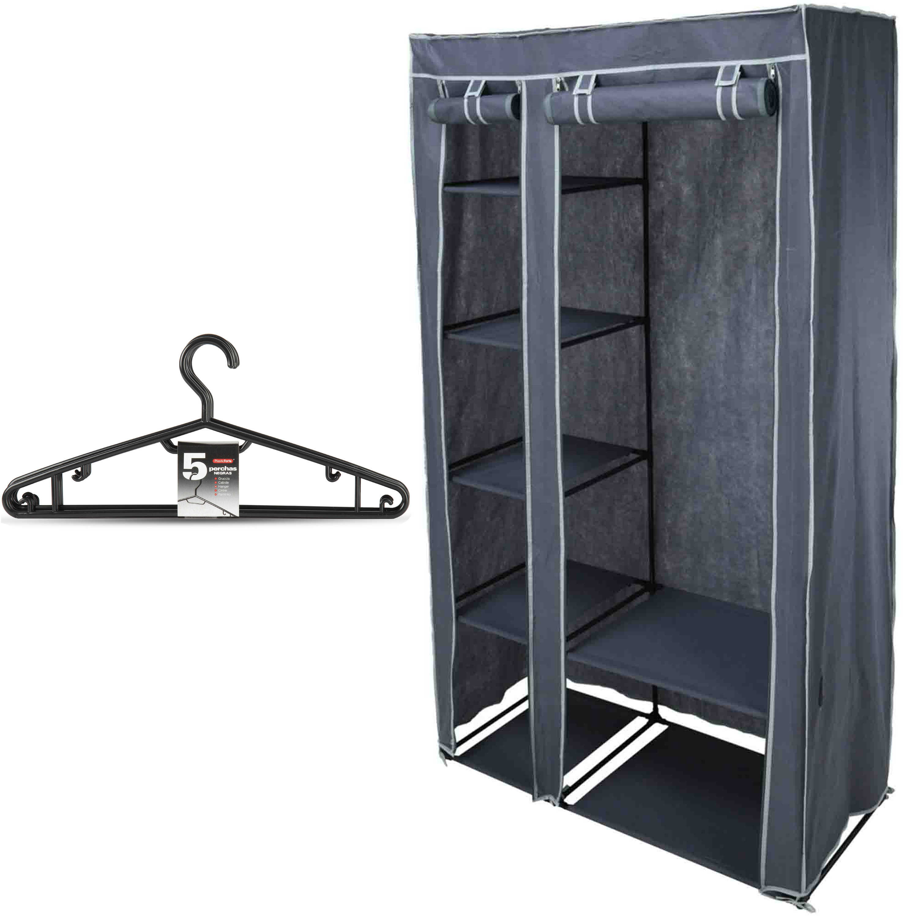 Mobiele kledingkast-garderobekast incl 10x hangers opvouwbaar grijs 174 cm